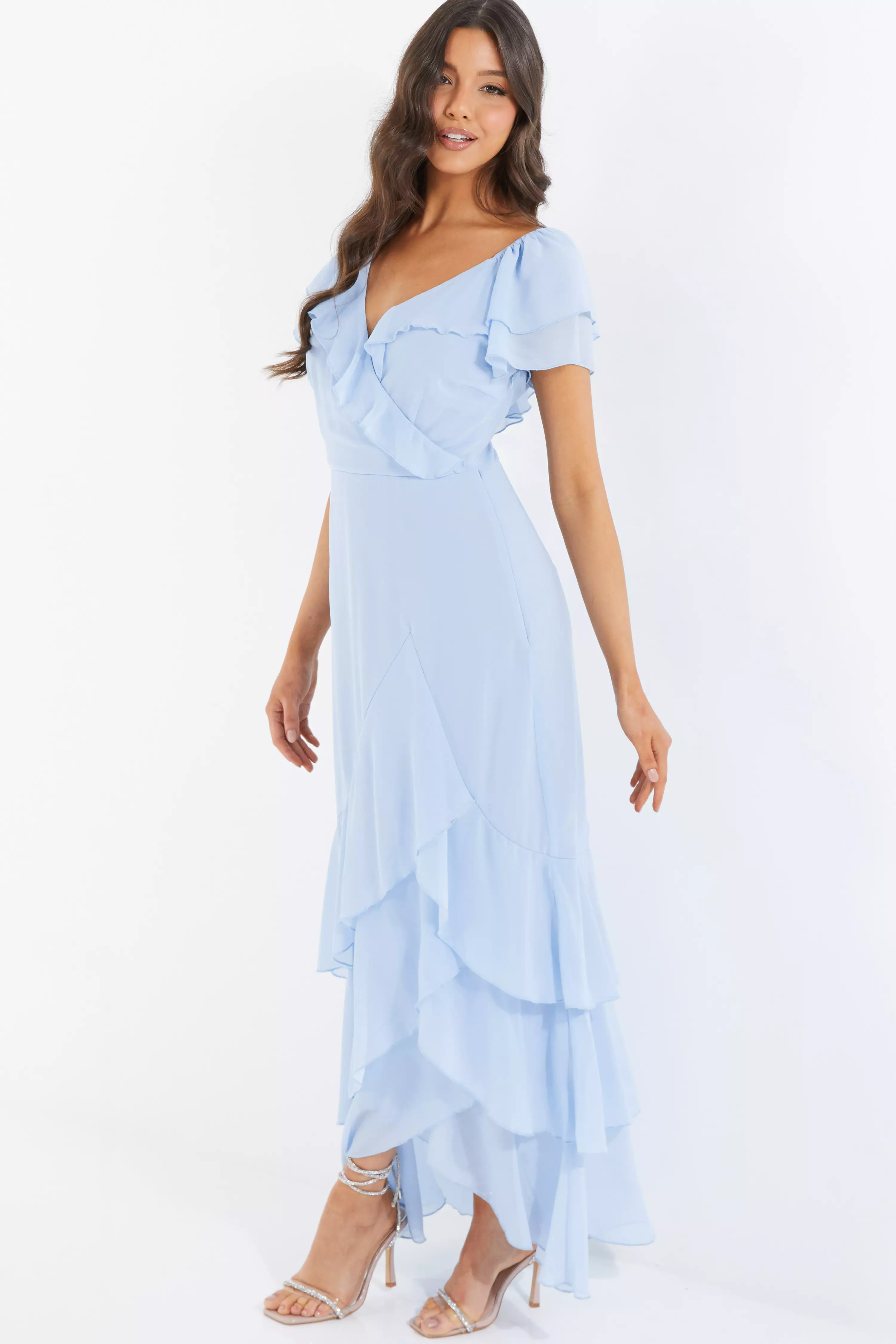 Light Blue Chiffon Frill Maxi Dress