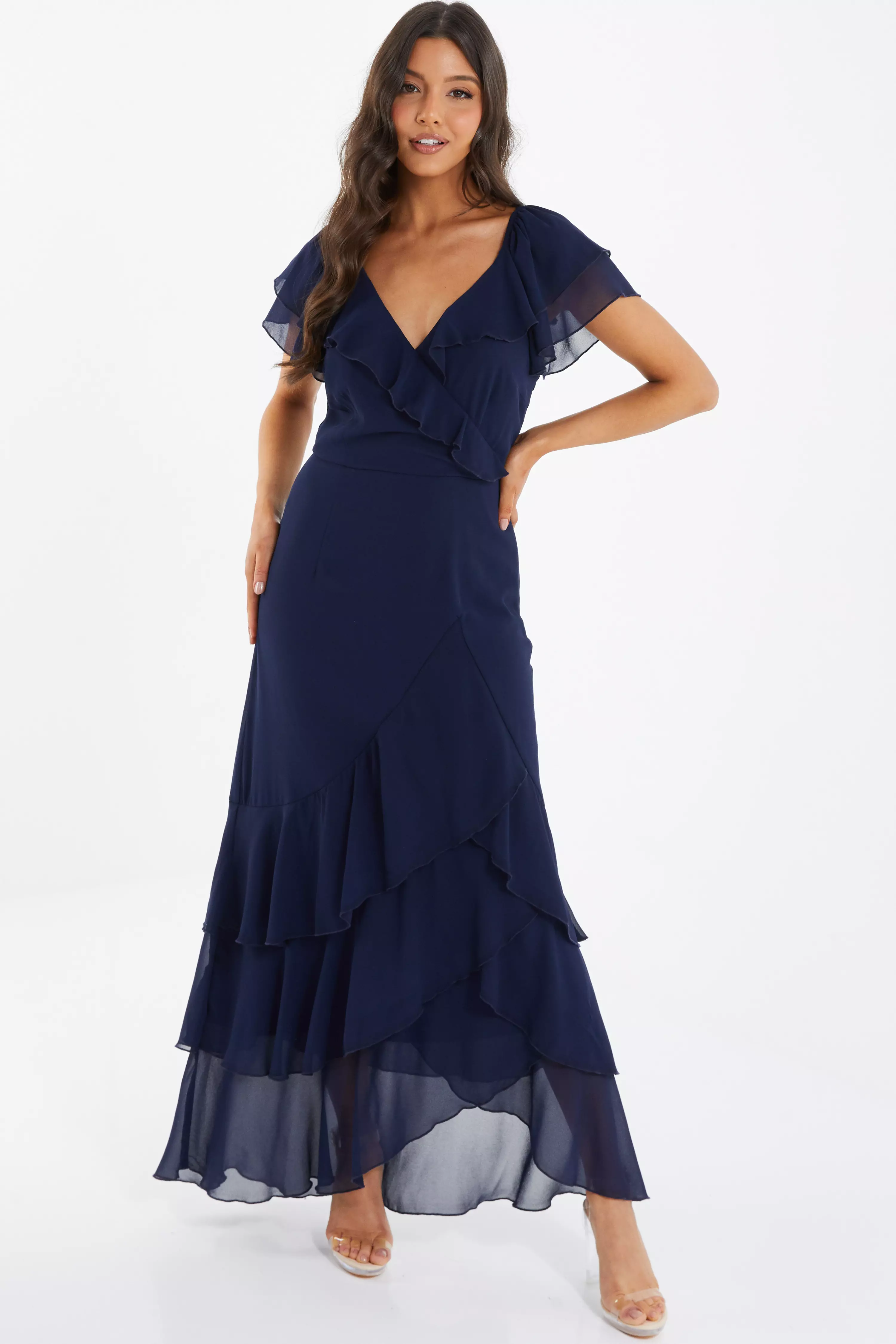 Navy Chiffon Frill Maxi Dress