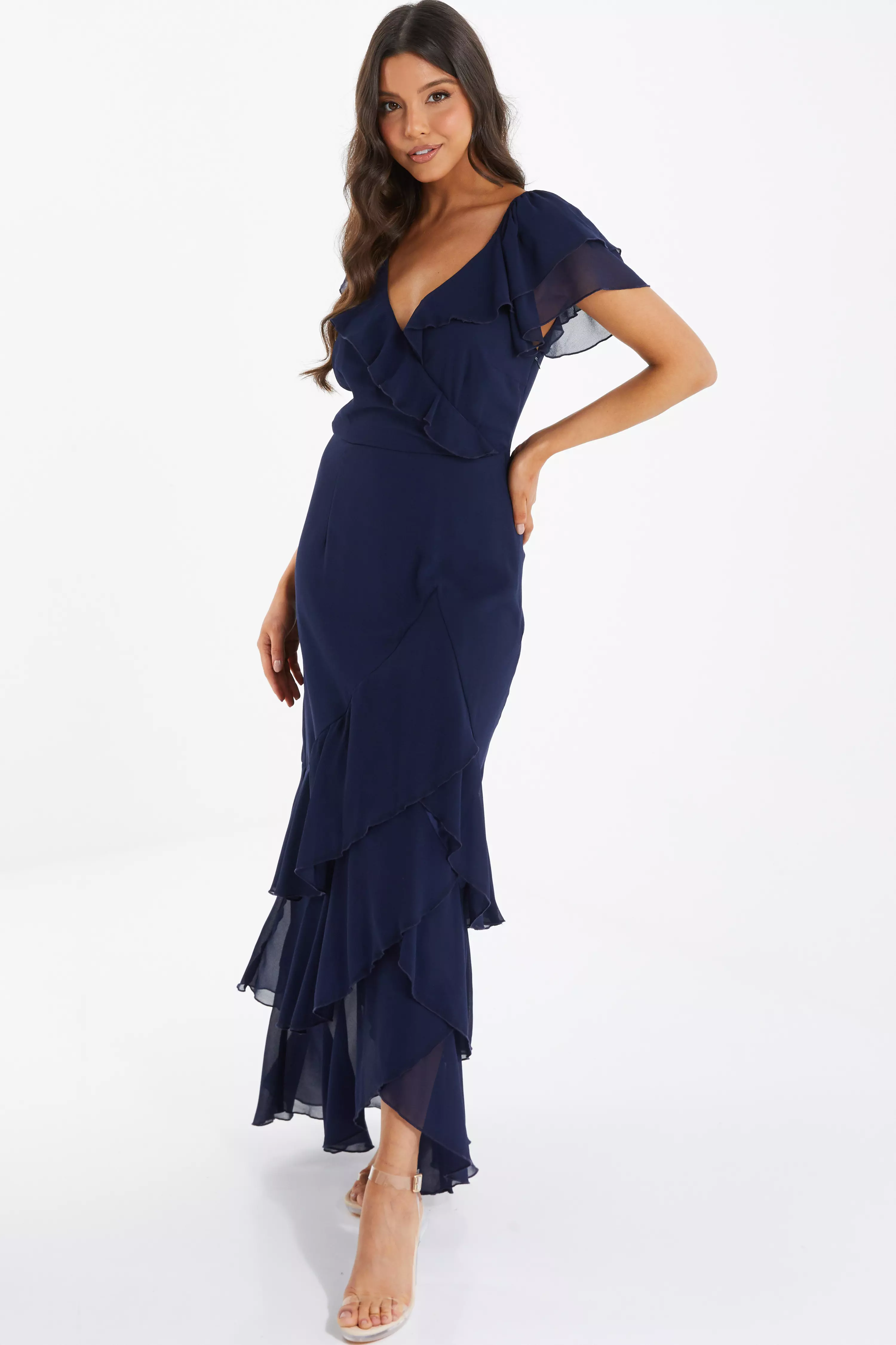 Navy Chiffon Frill Maxi Dress