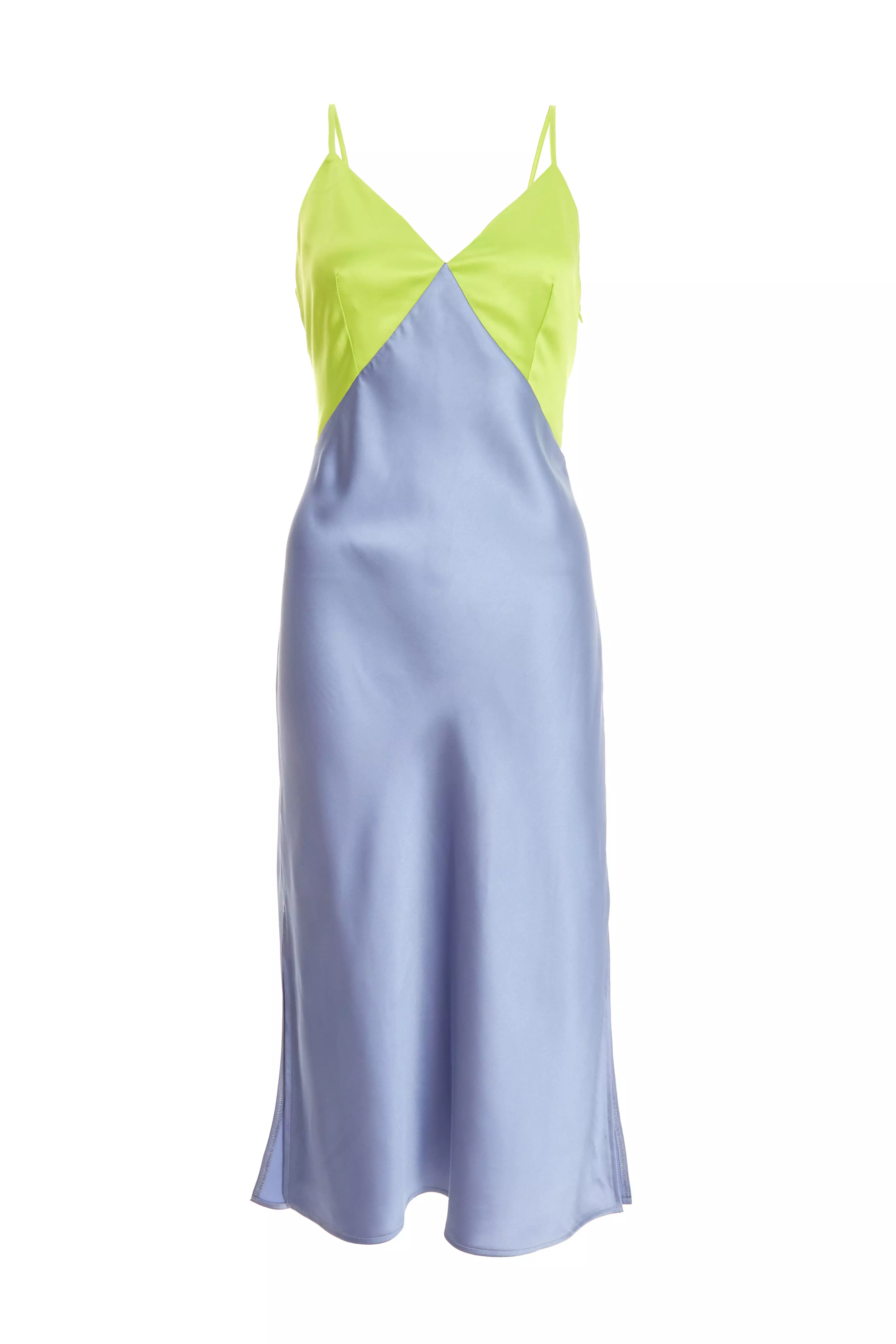 Blue Satin V Neck Midi Dress