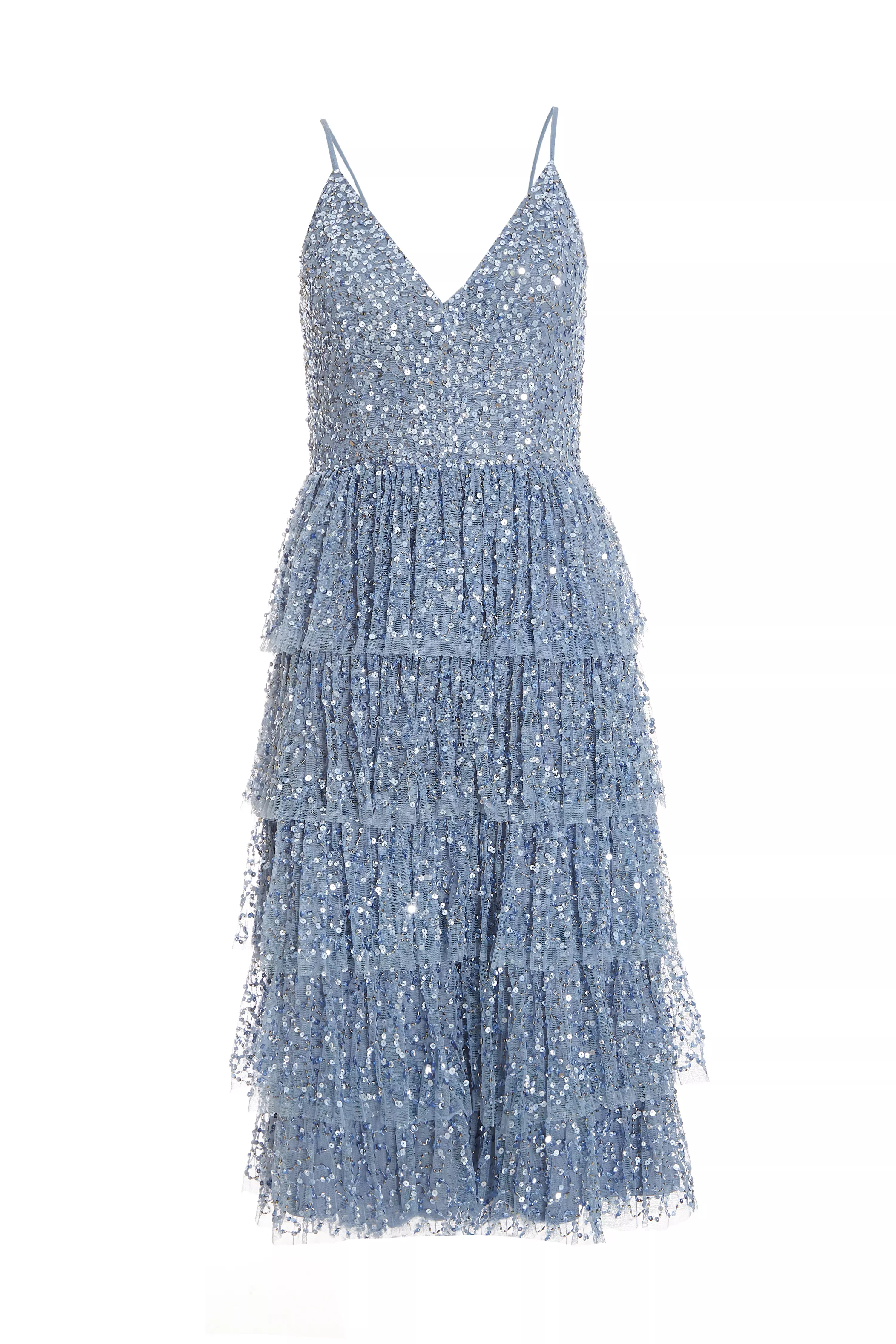 Petite Blue Sequin Tiered Midi Dress