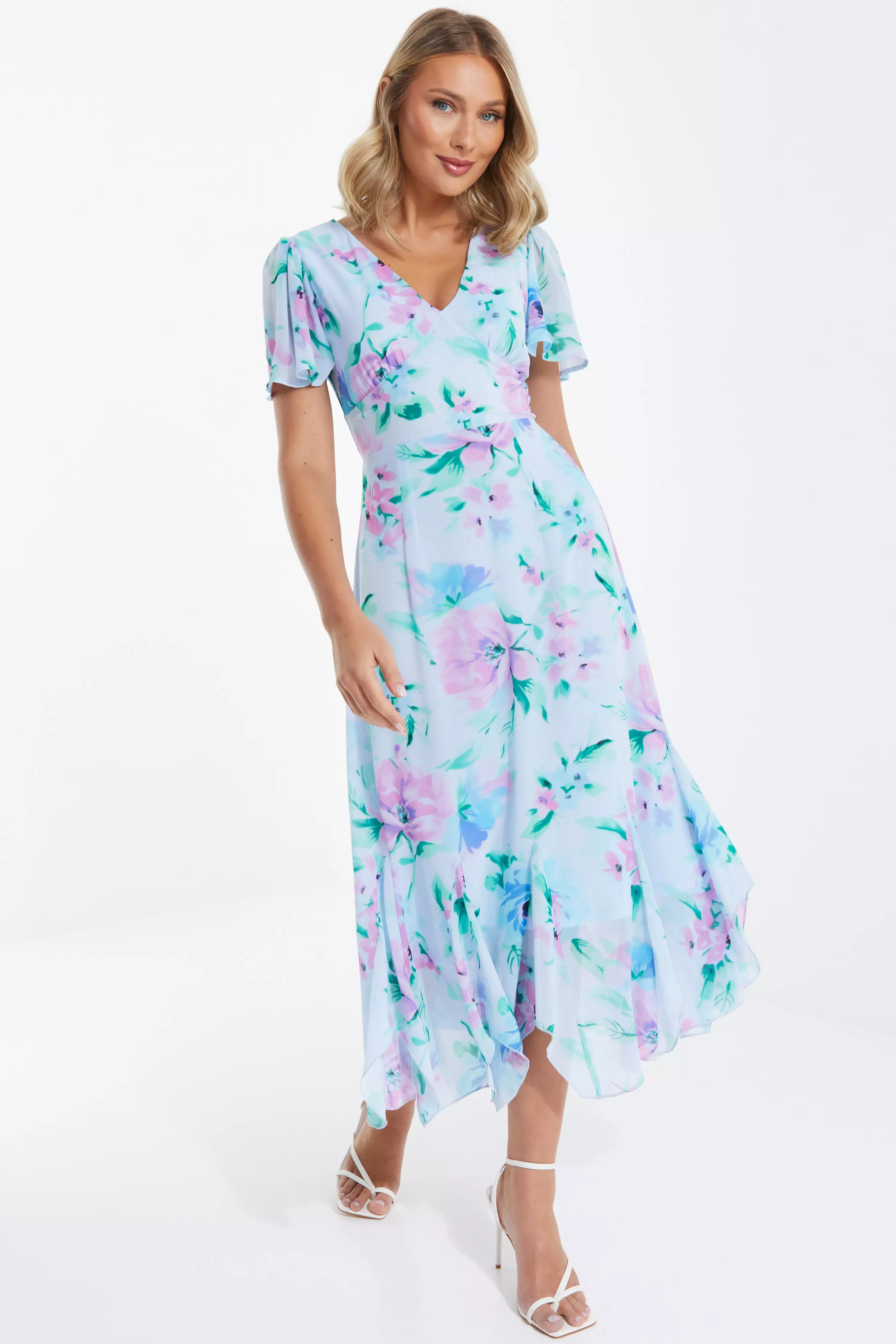 Light Blue Chiffon Floral Midaxi Dress