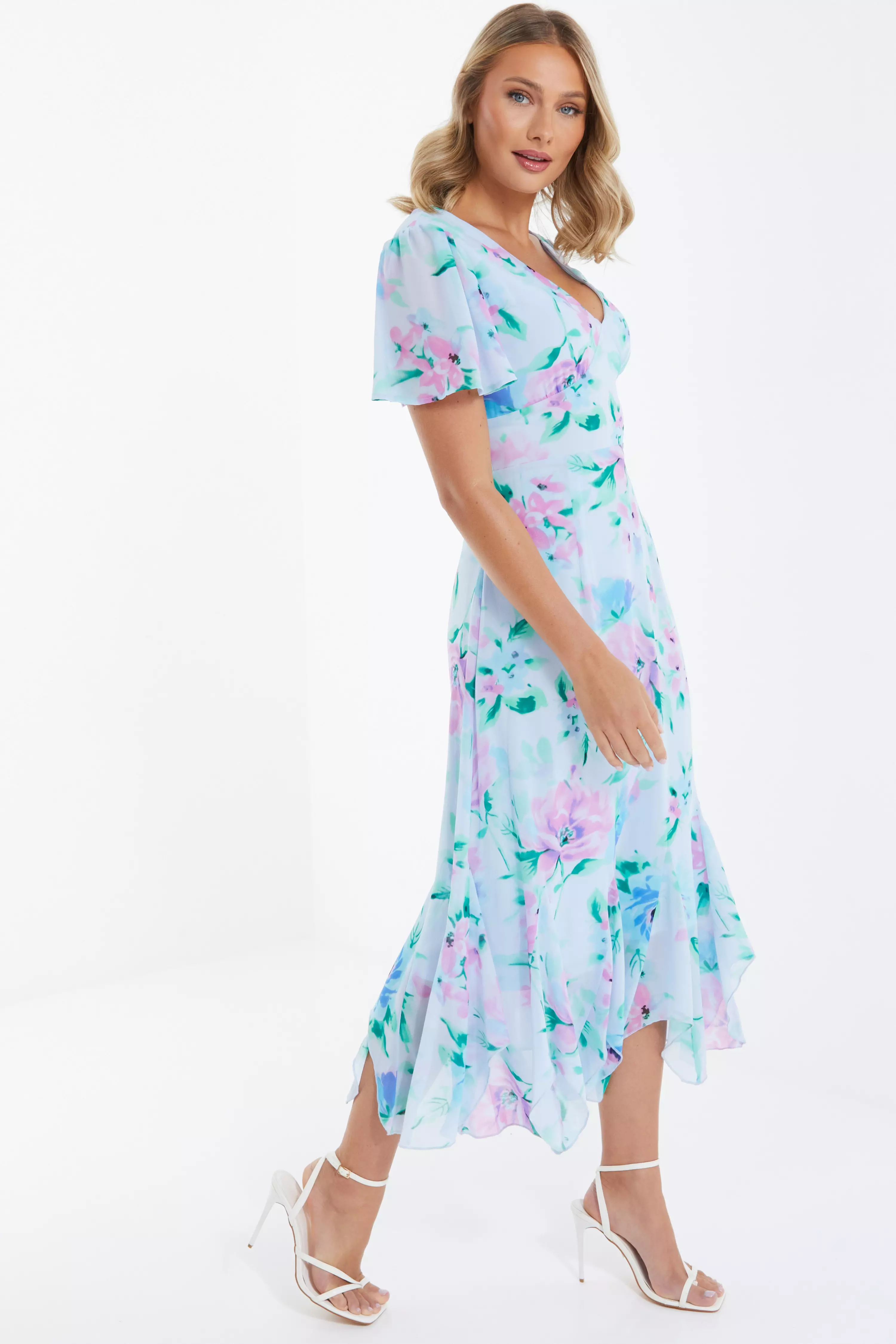 Light Blue Chiffon Floral Midaxi Dress