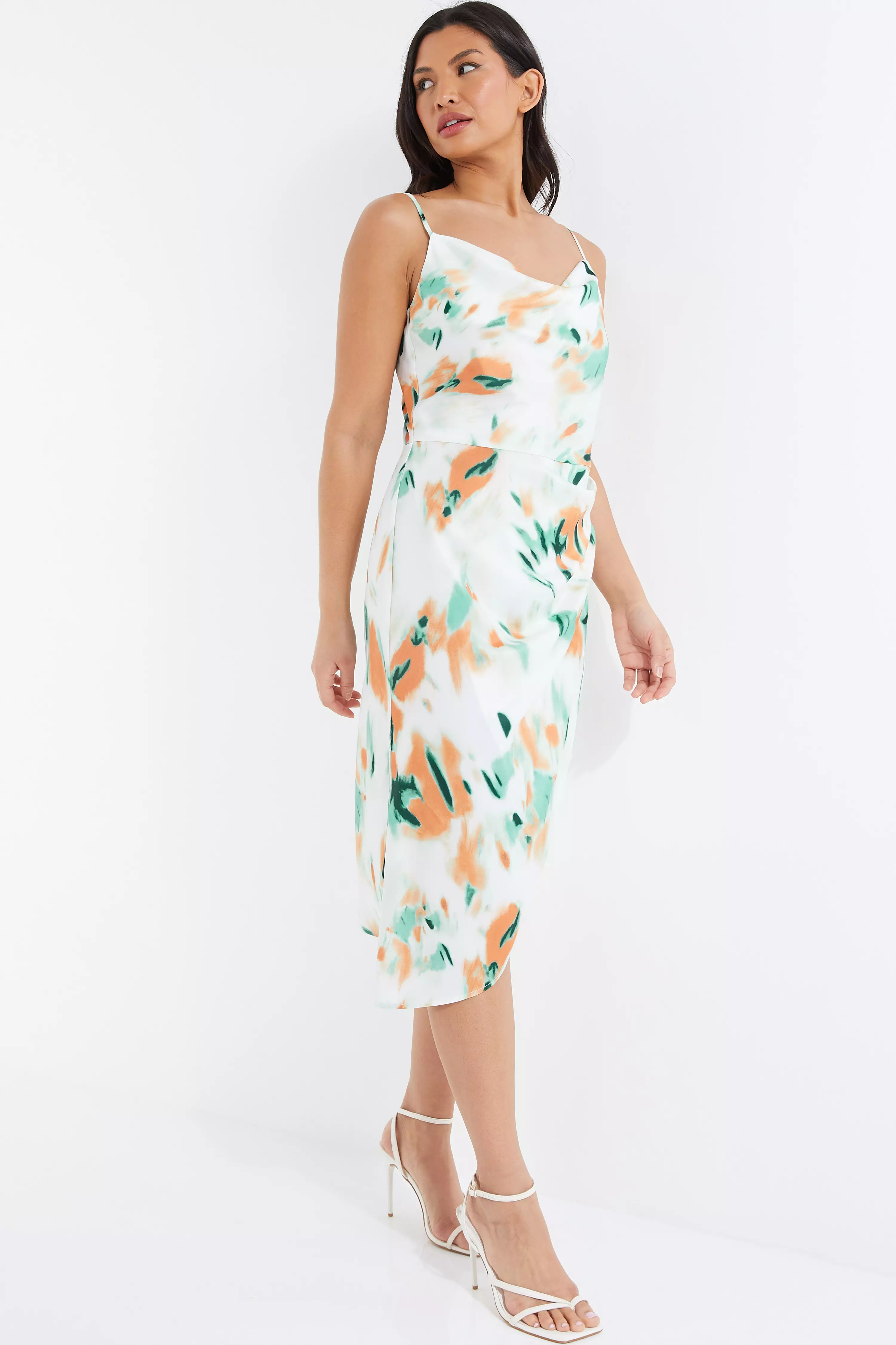 Cream Satin Smudge Print Midi Dress