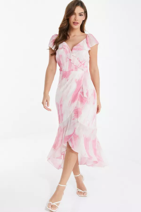 Pink Brush Stroke Frill Midaxi Dress