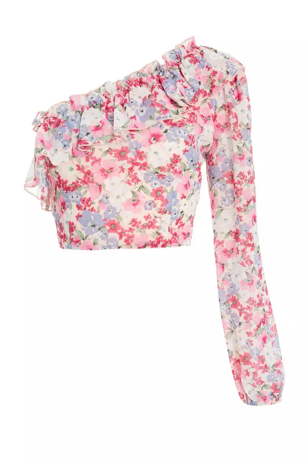 Multicoloured Chiffon Floral One Sleeve Crop Top