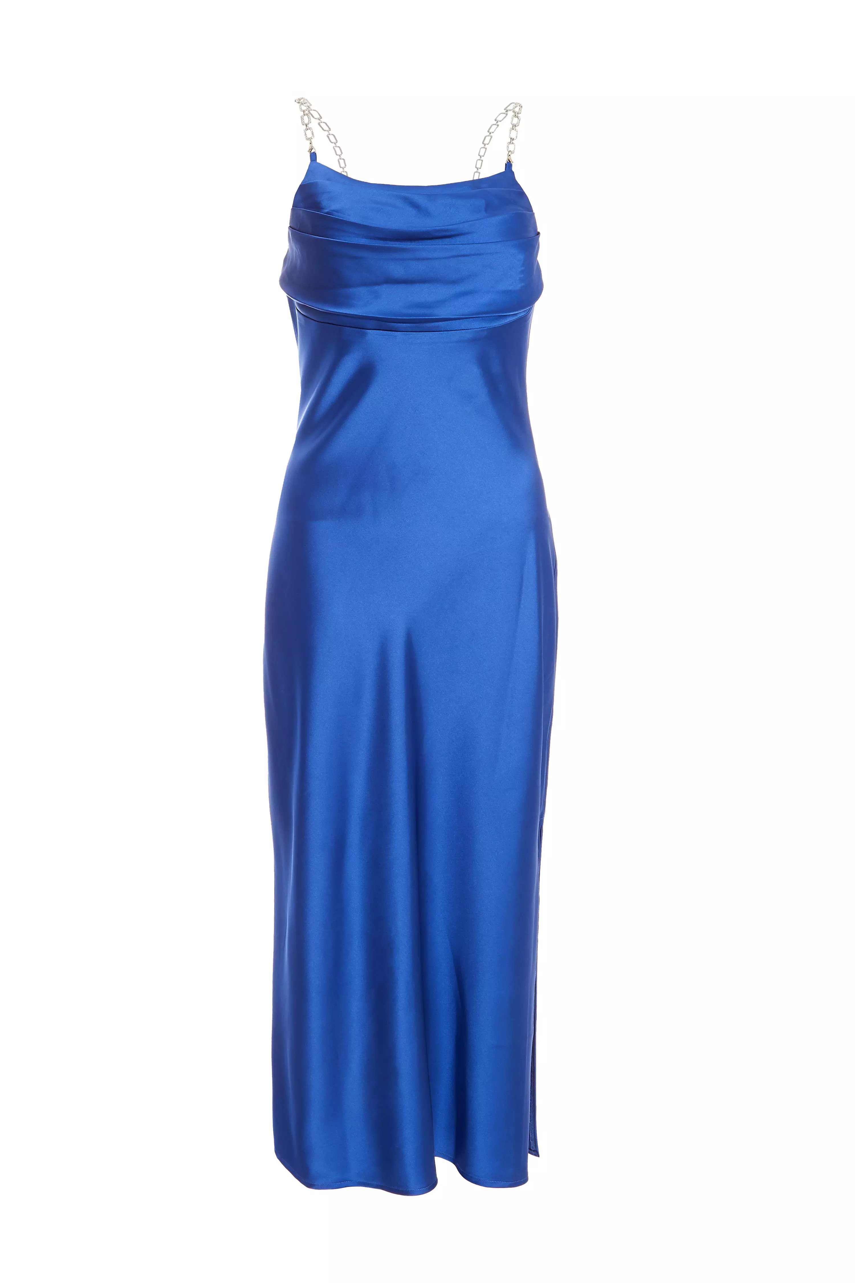 Blue Satin Diamante Midi Dress