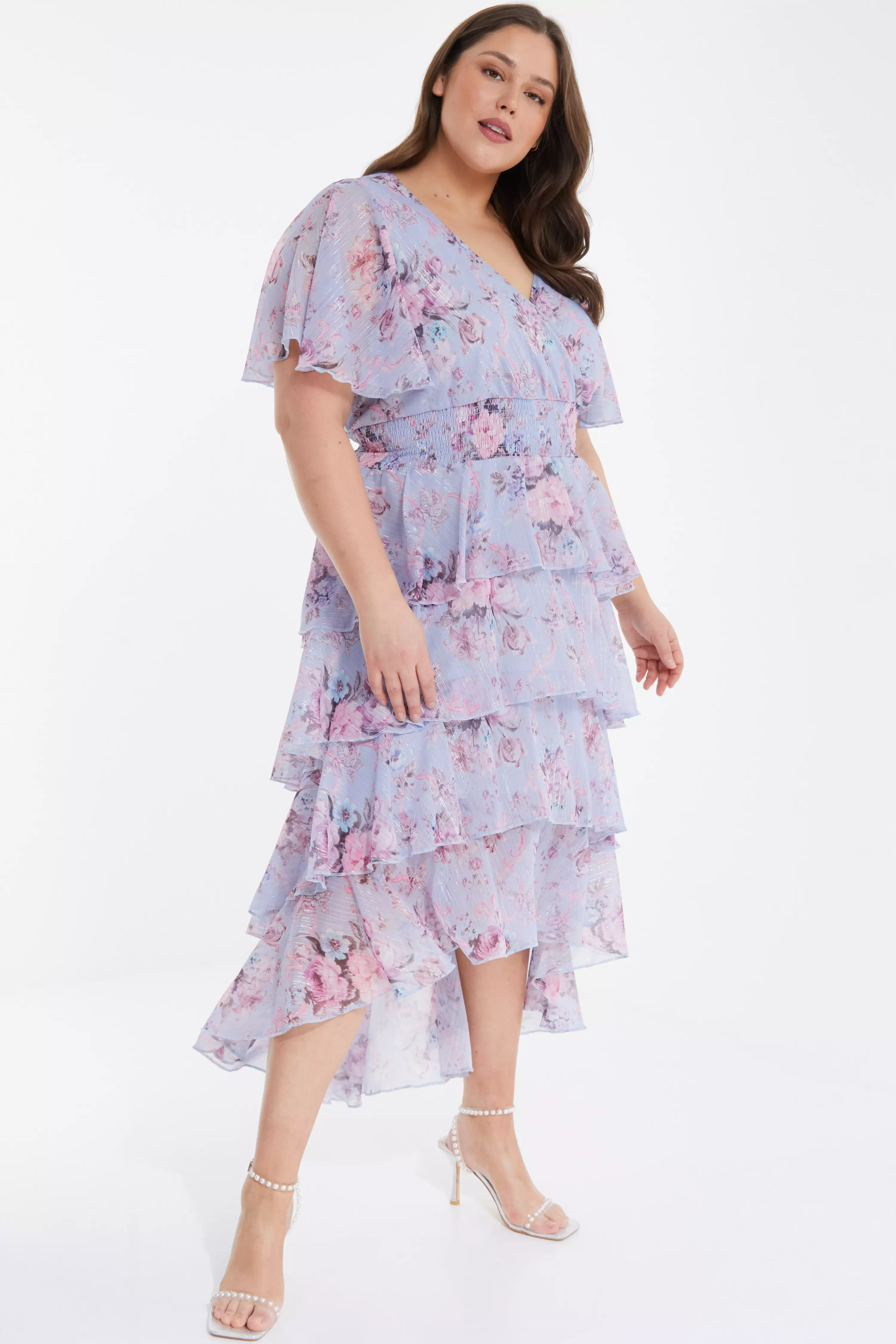 Curve Blue Chiffon Floral Dip Hem Tiered Midi Dress