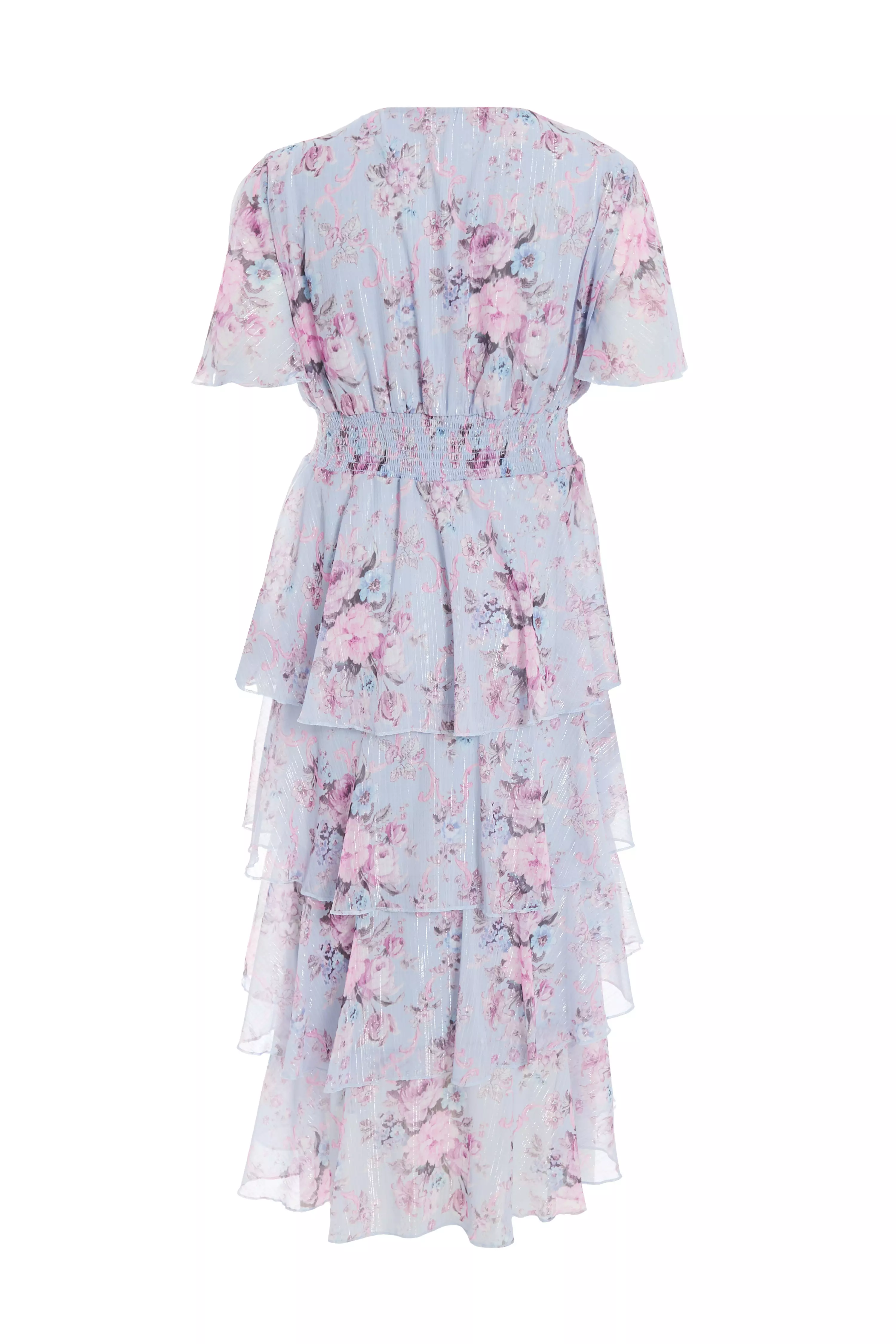 Curve Blue Chiffon Floral Dip Hem Tiered Midi Dress