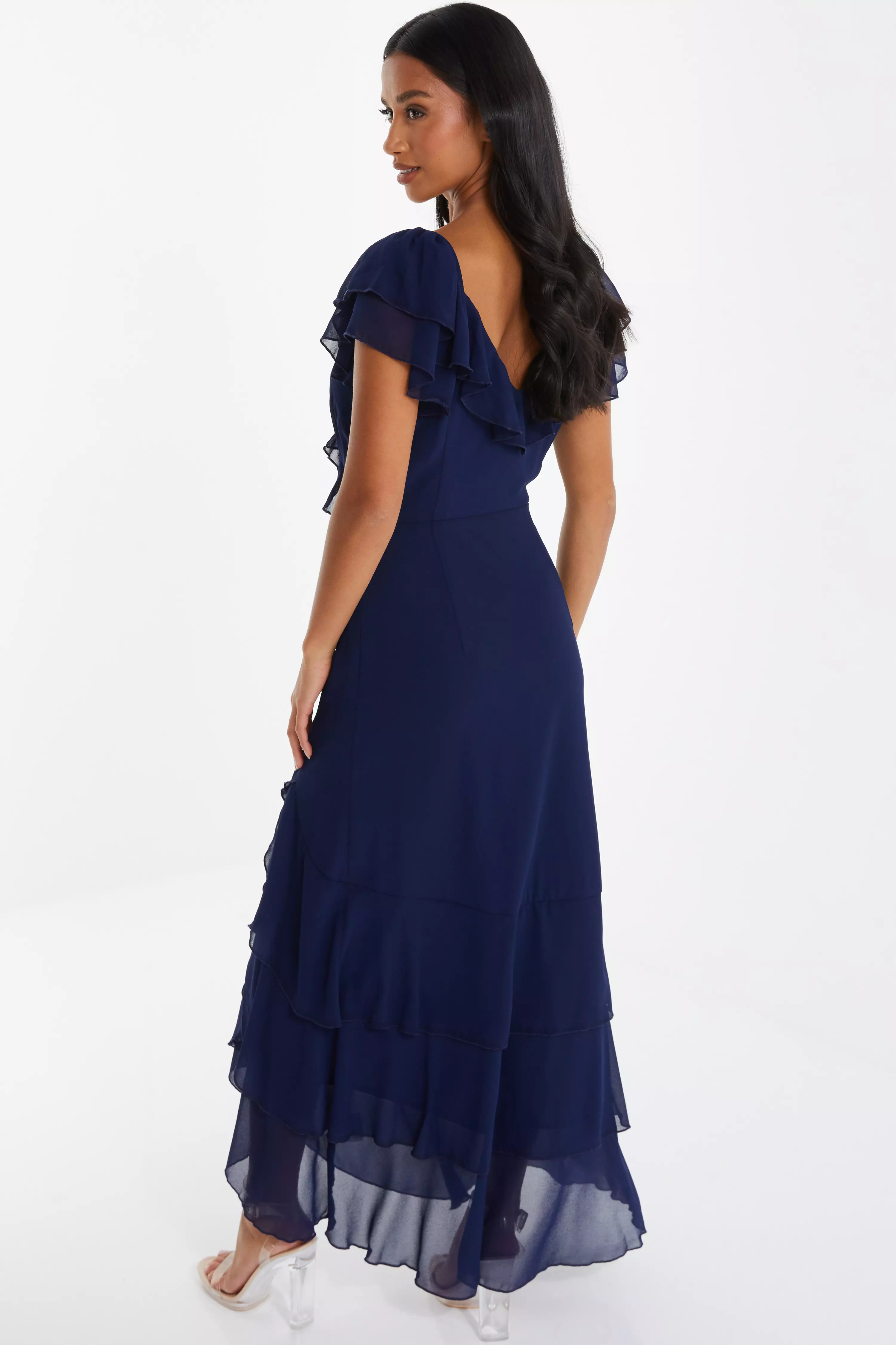 Petite Navy Chiffon Frill Maxi Dress