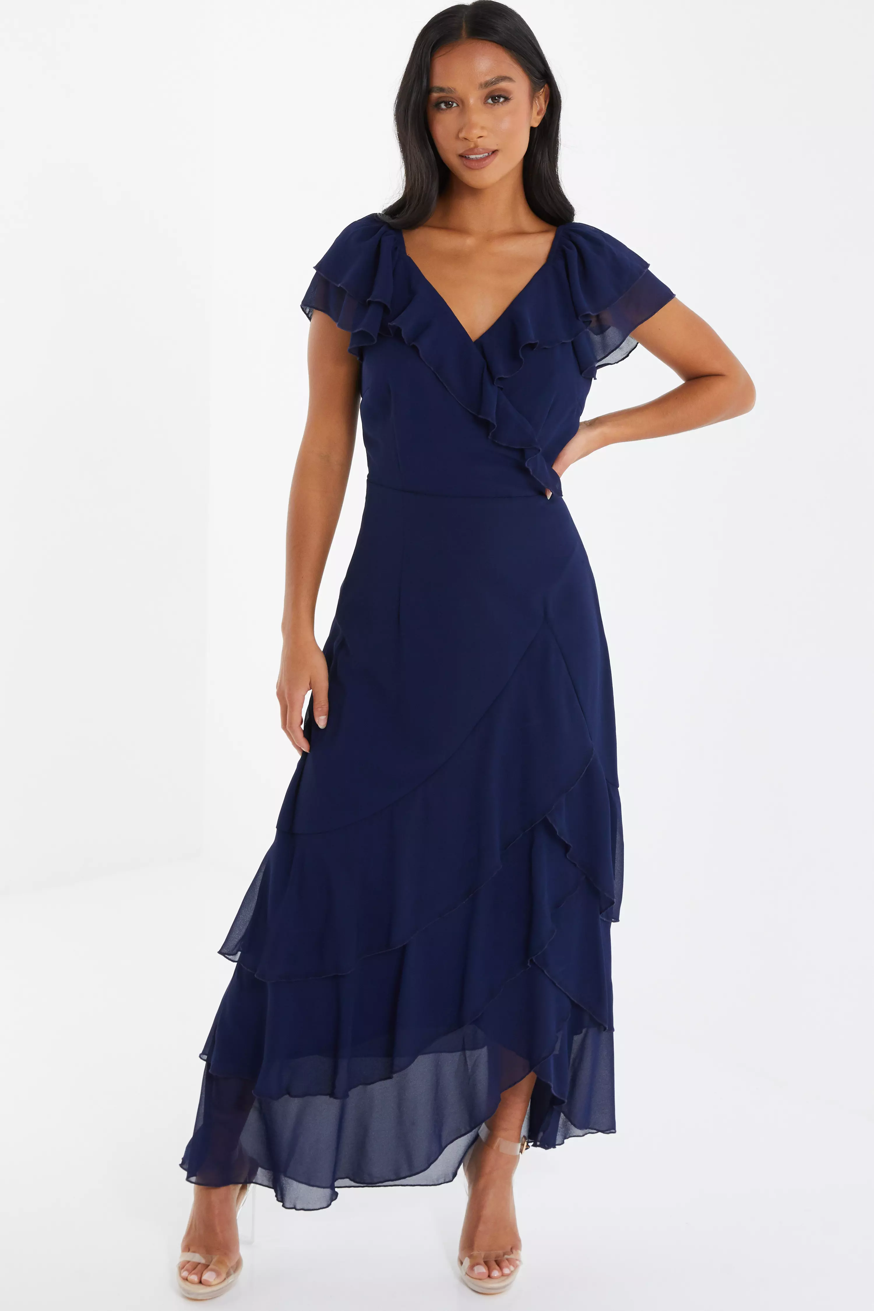 Petite Navy Chiffon Frill Maxi Dress