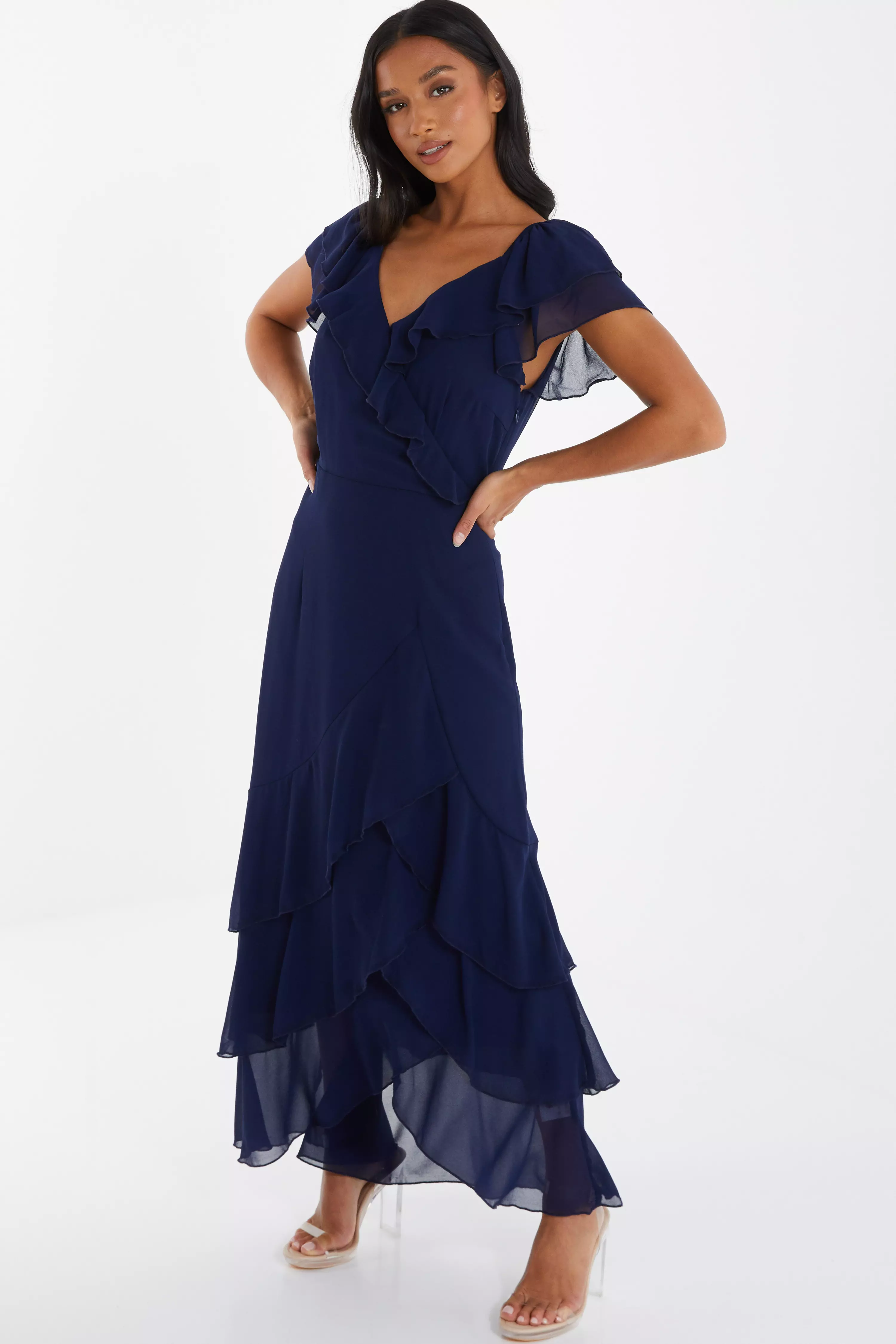 Petite Navy Chiffon Frill Maxi Dress