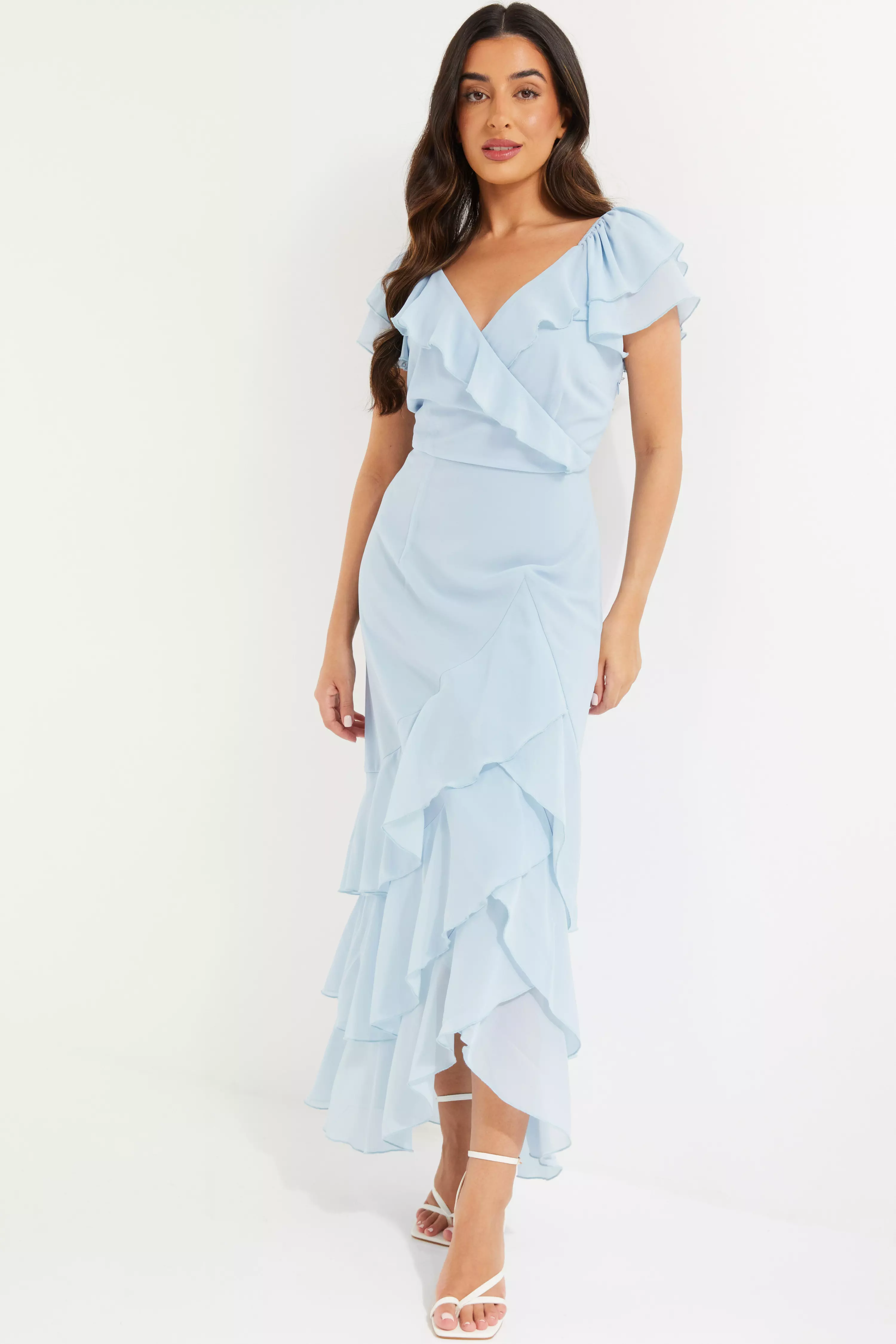 Petite Light Blue Chiffon Frill Maxi Dress