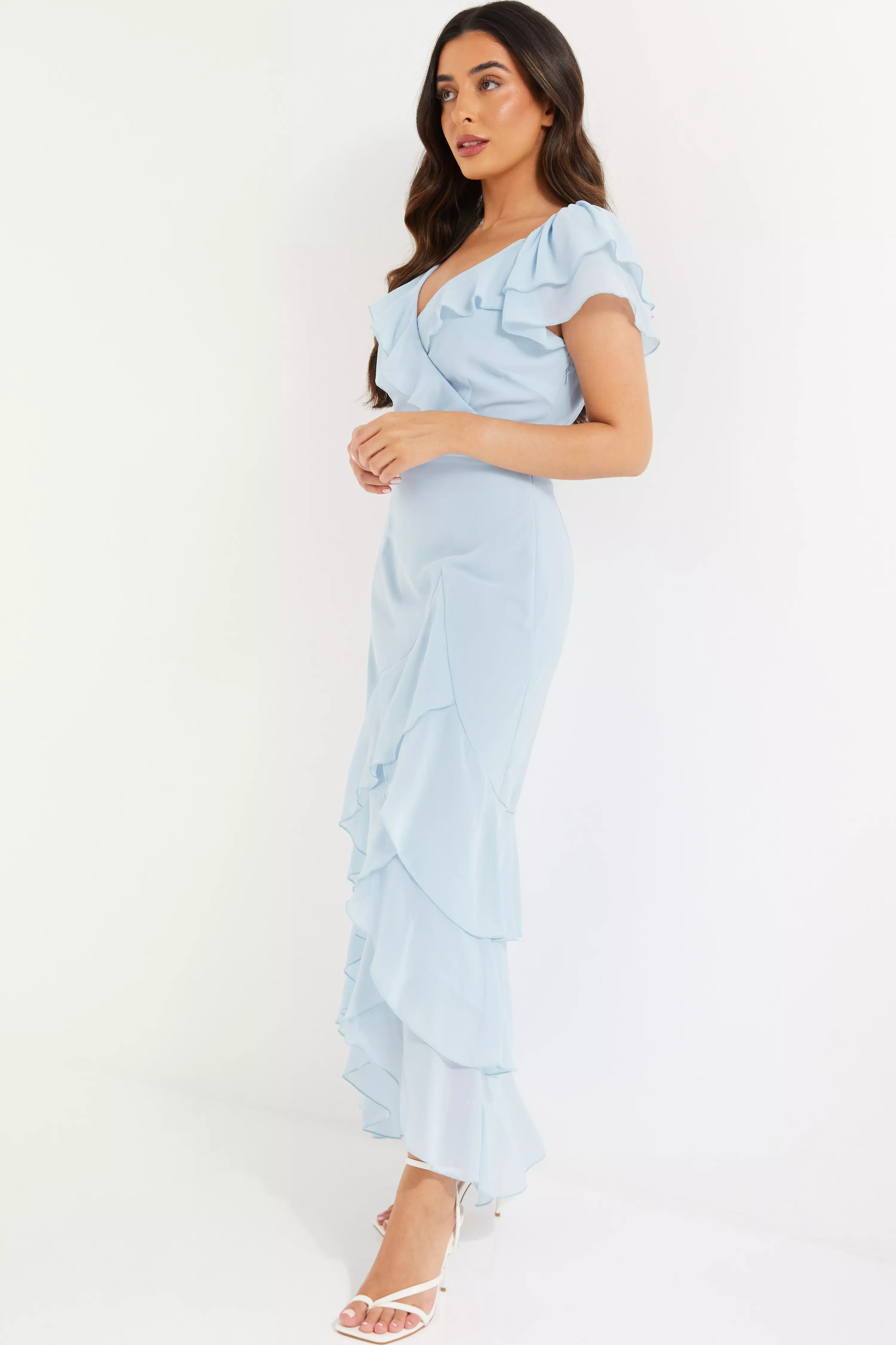 Petite Light Blue Chiffon Frill Maxi Dress