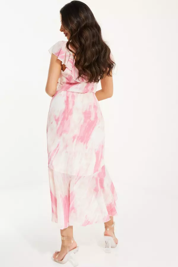 Petite Pink Brush Stroke Frill Midaxi Dress