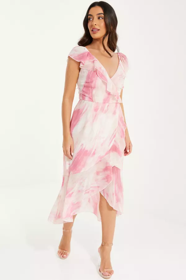 Petite Pink Brush Stroke Frill Midaxi Dress