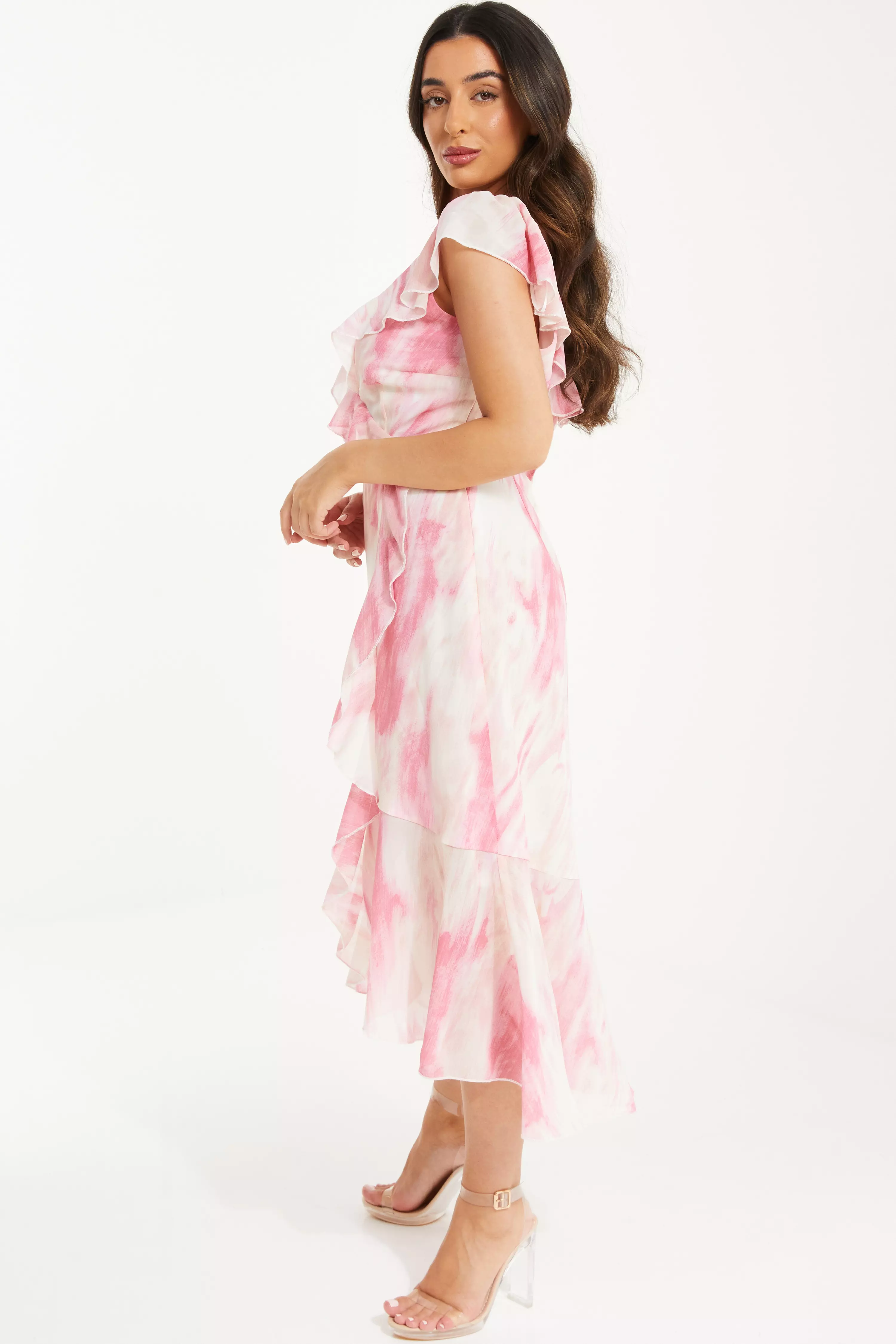 Petite Pink Brush Stroke Frill Midaxi Dress