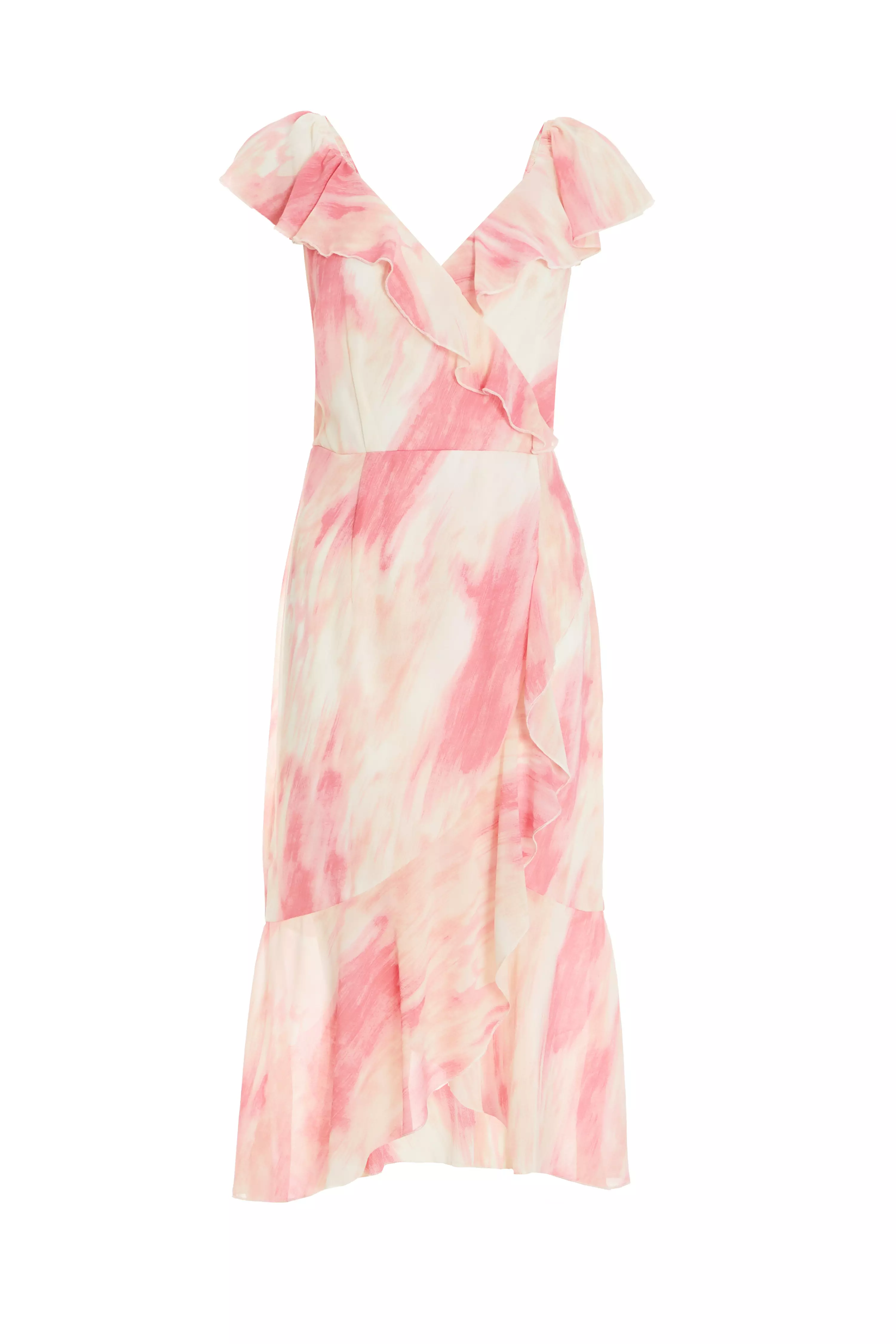 Petite Pink Brush Stroke Frill Midaxi Dress