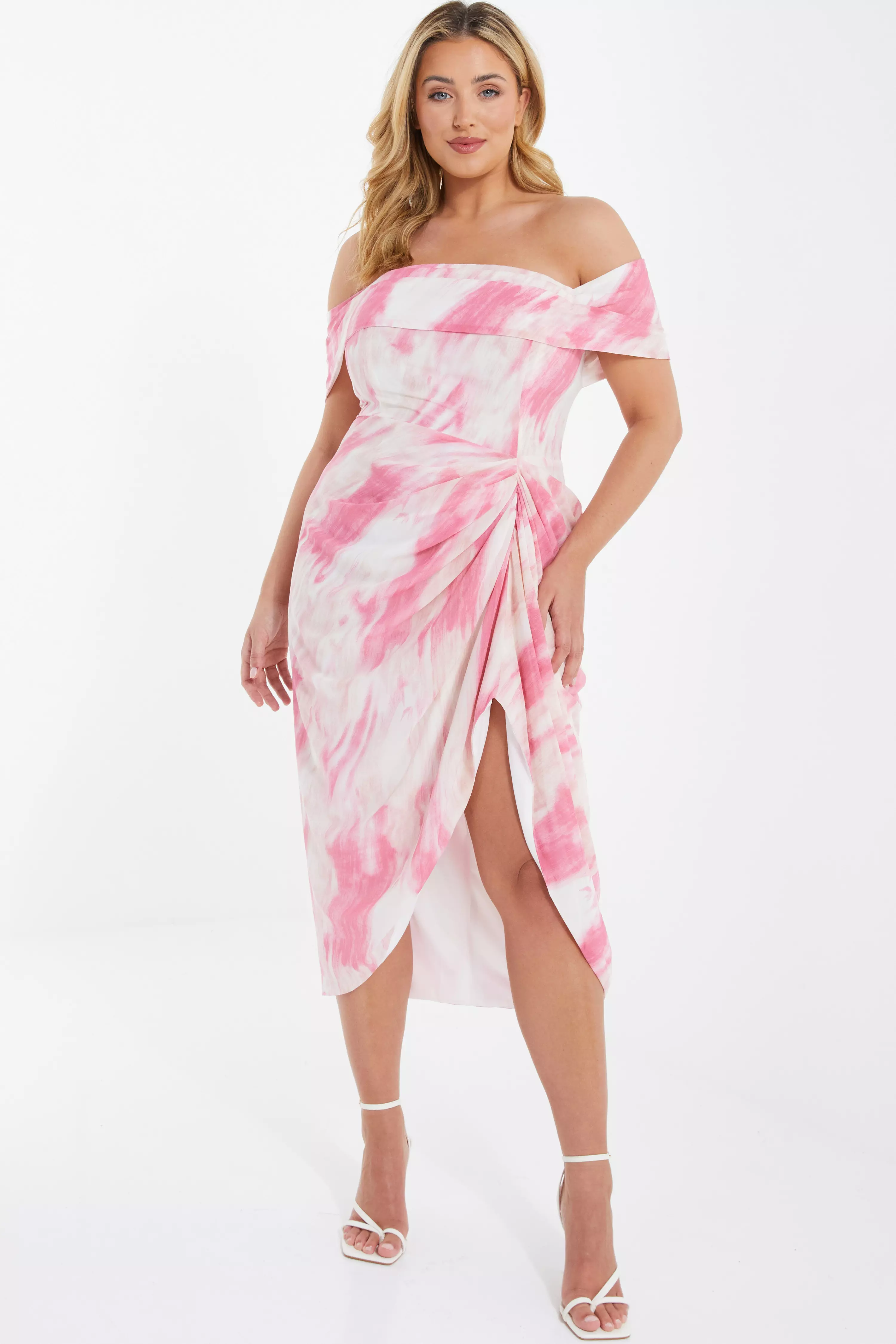 Curve Pink Marble Print Bardot Midi Dress
