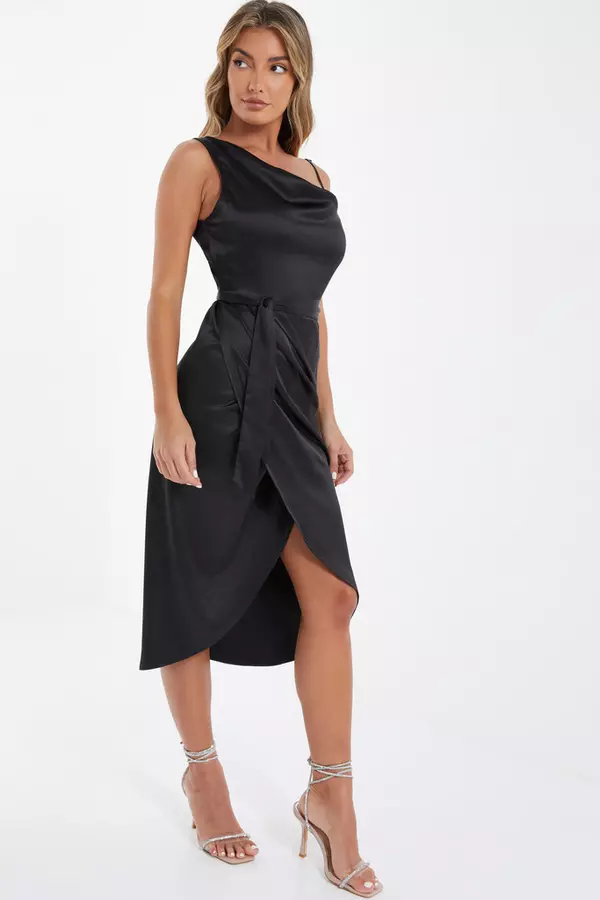Black Satin One Shoulder Midi Dress