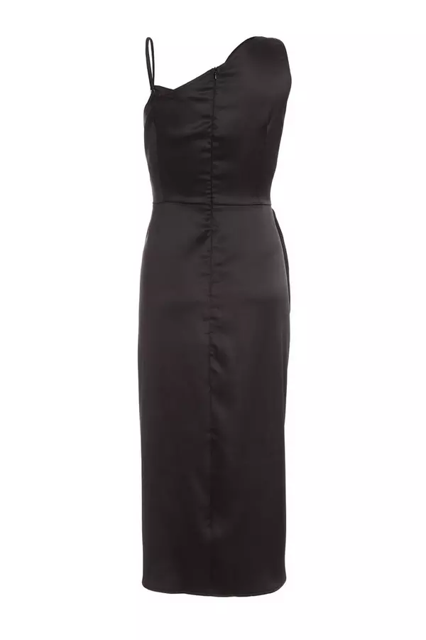 Black Satin One Shoulder Midi Dress