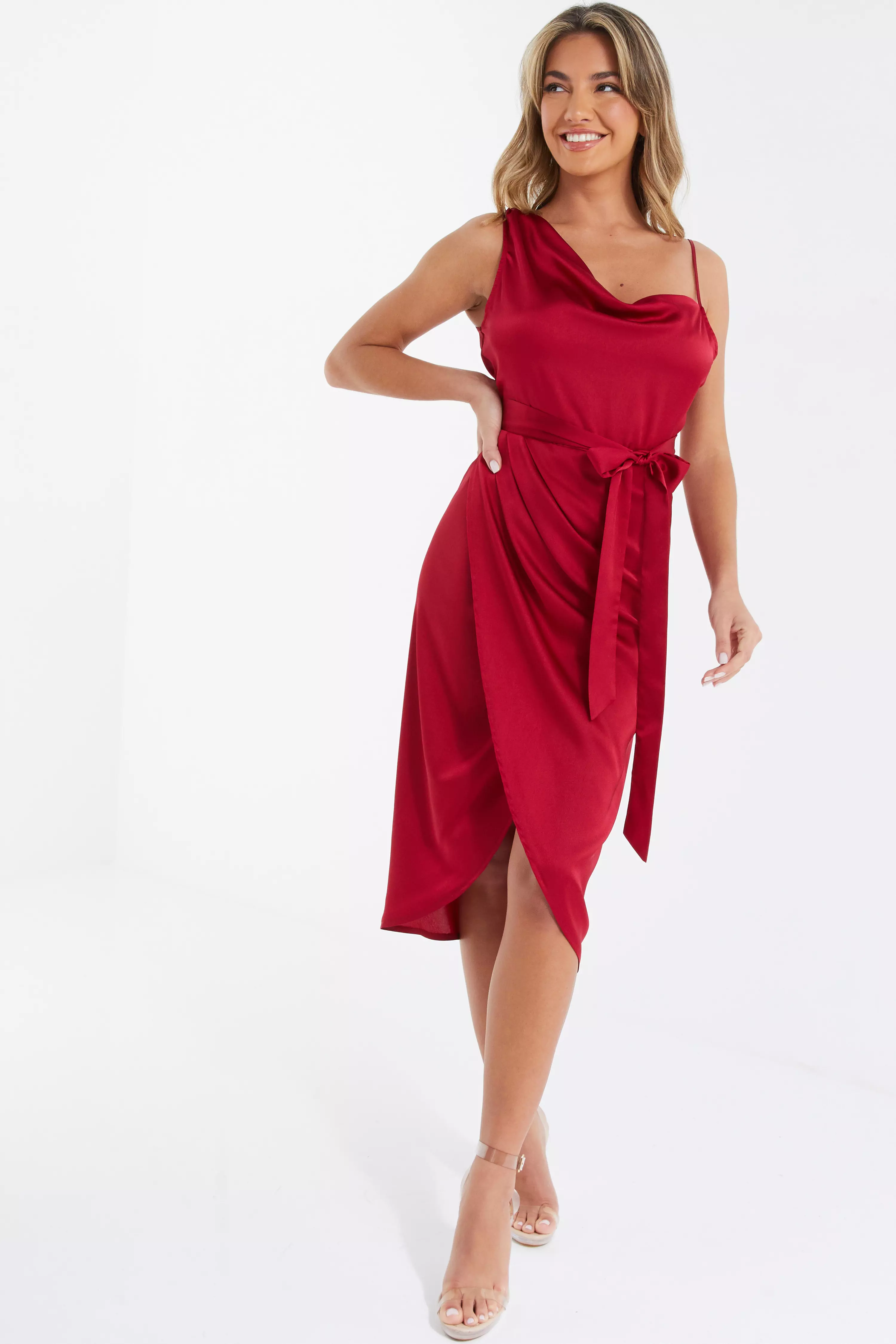 Berry Satin One Shoulder Midi Dress