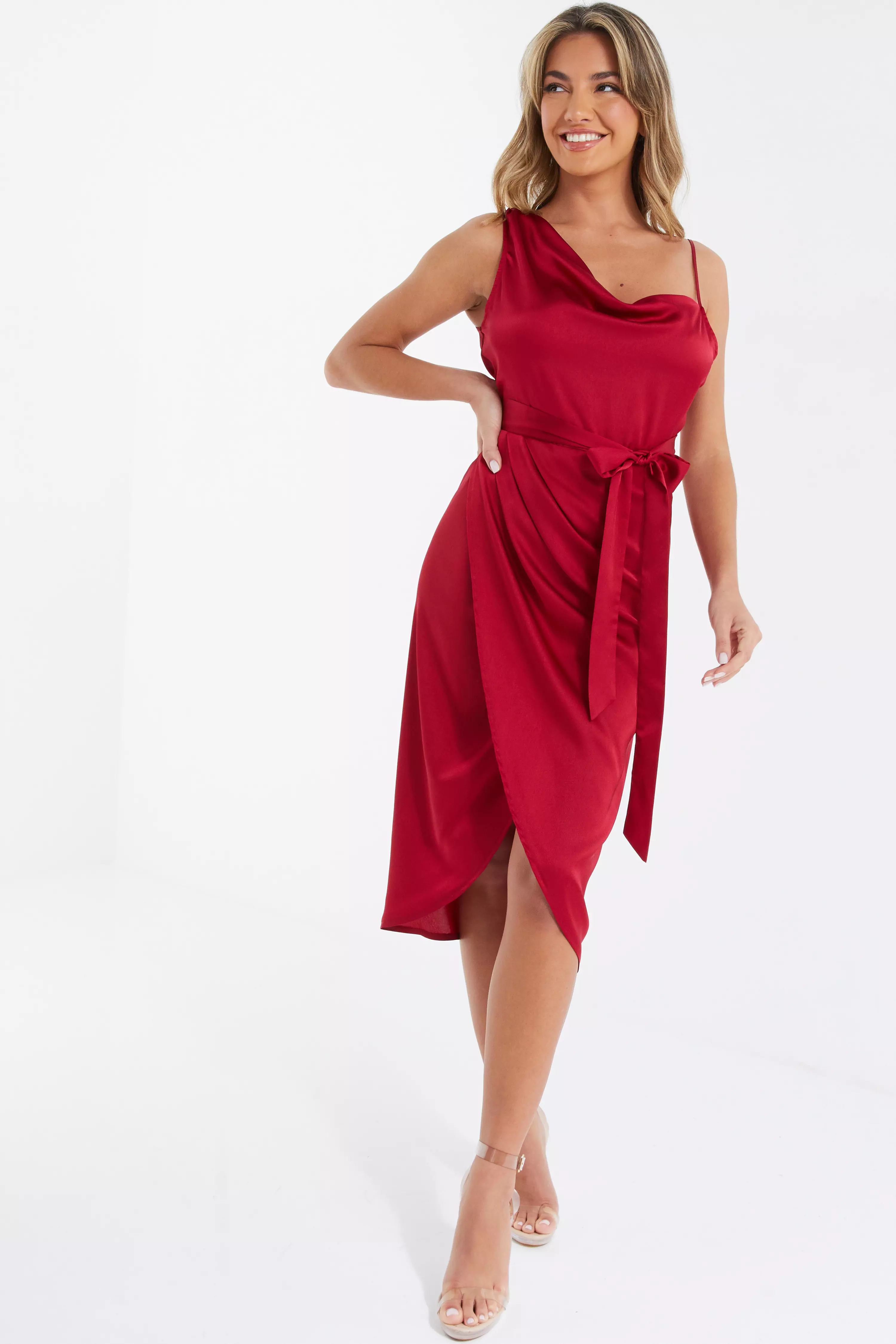 Dark Red Satin One Shoulder Midi Dress