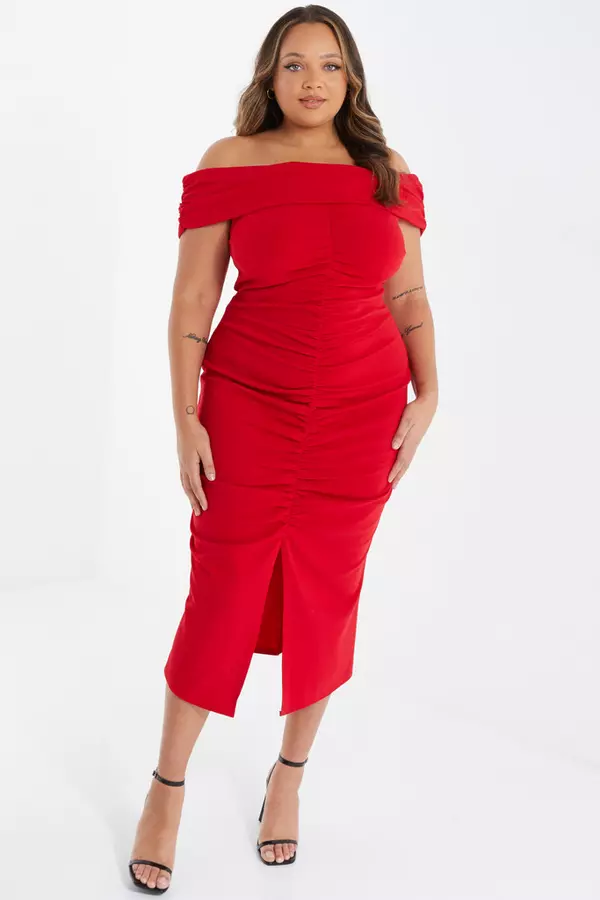 Curve Red Ruched Bardot Midi Dress