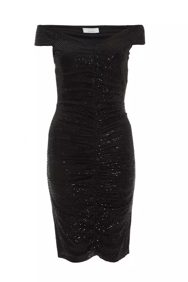 Black Sequin Bardot Midi Dress