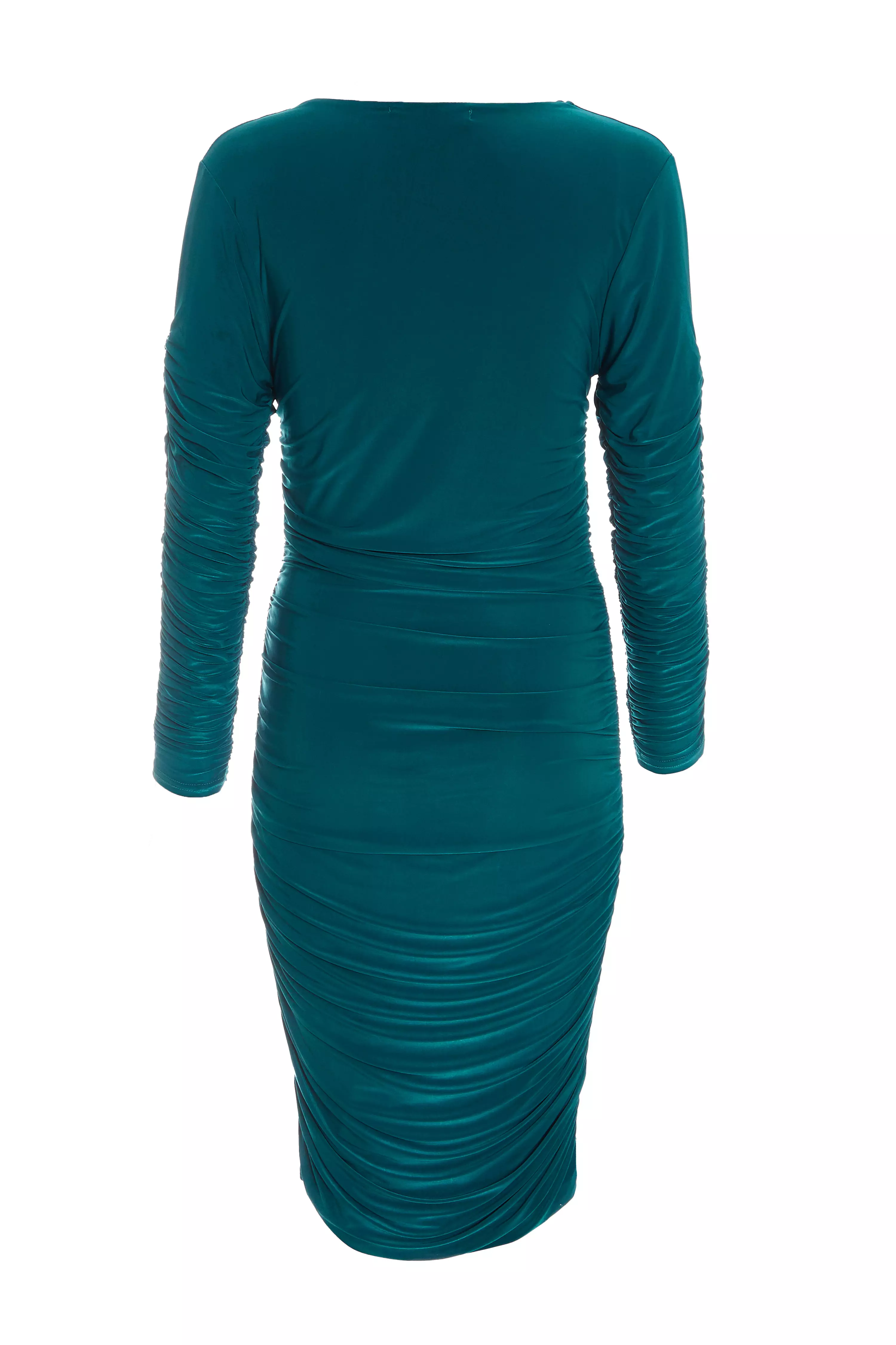 Teal Ruched Long Sleeve Midi Dress