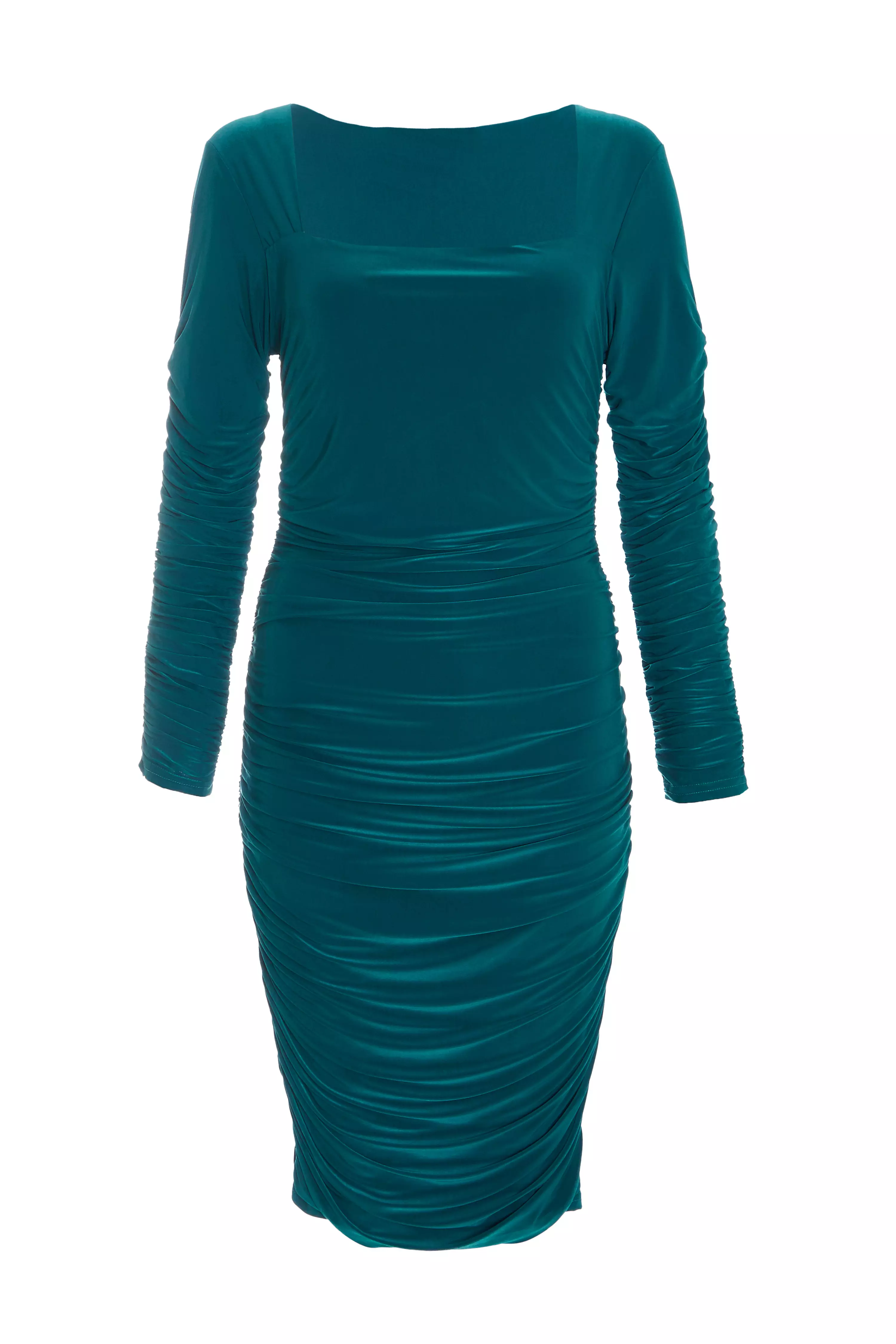 Teal Ruched Long Sleeve Midi Dress