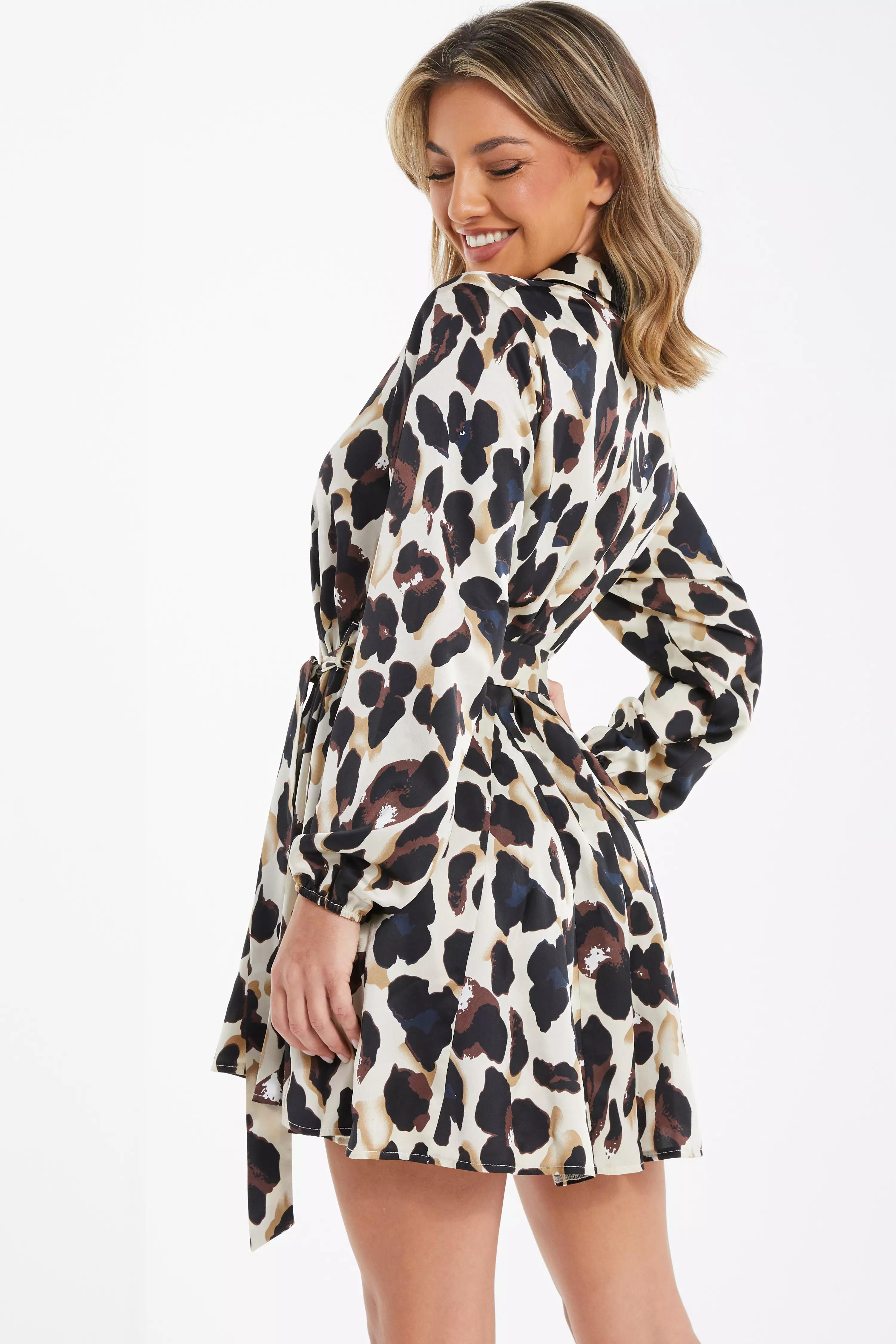 Stone Animal Print Satin Shirt Dress