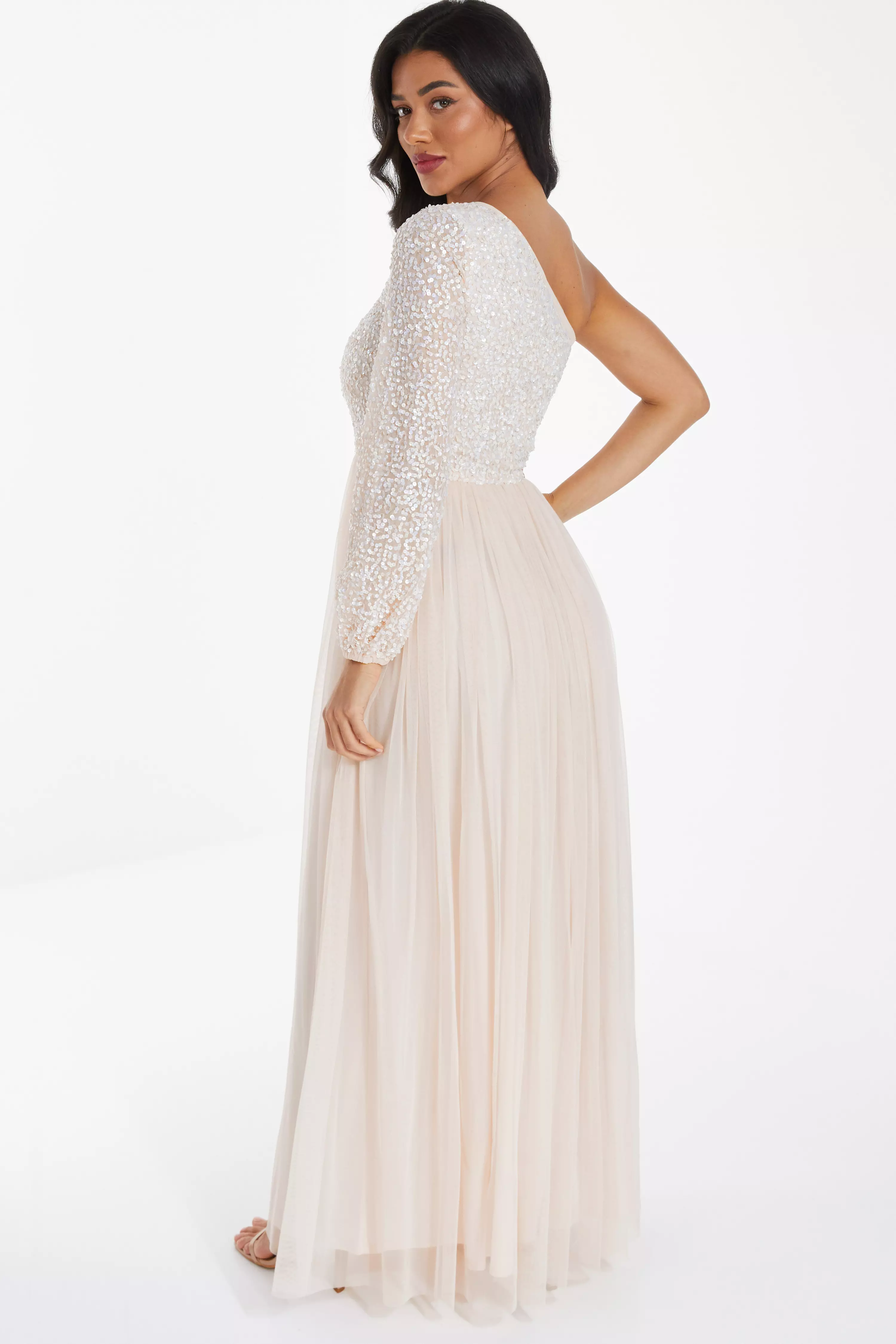 Champagne Sequin One Shoulder Maxi Dress