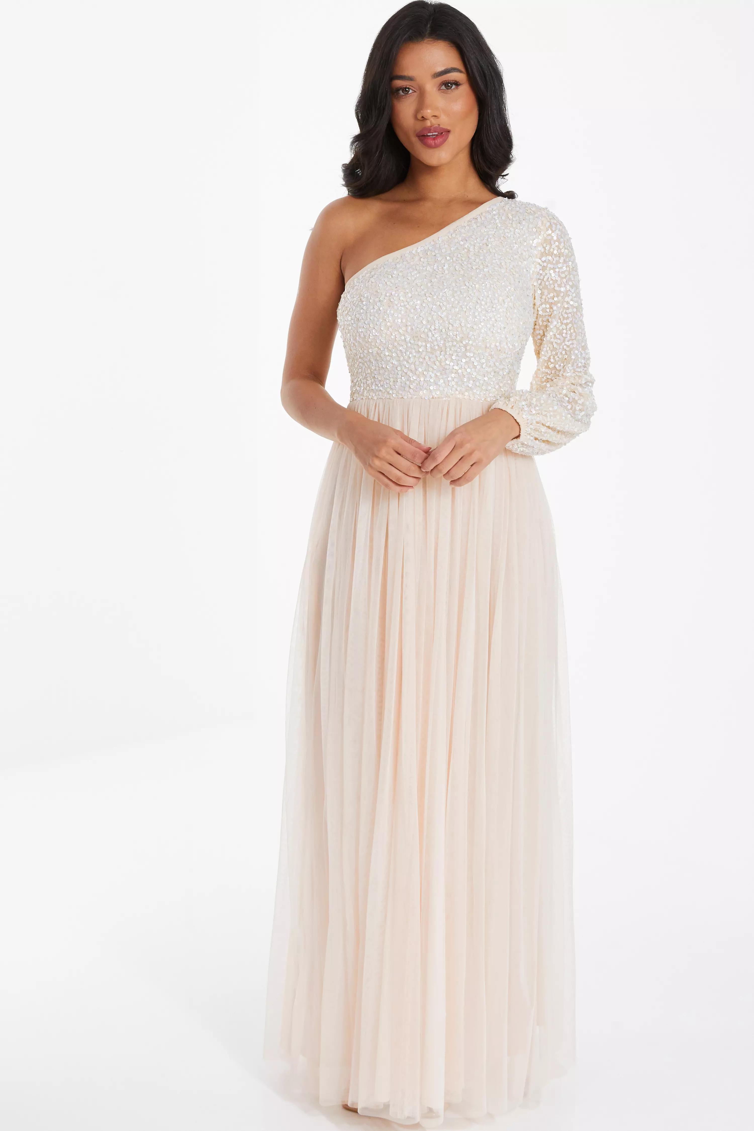 Champagne Sequin One Shoulder Maxi Dress