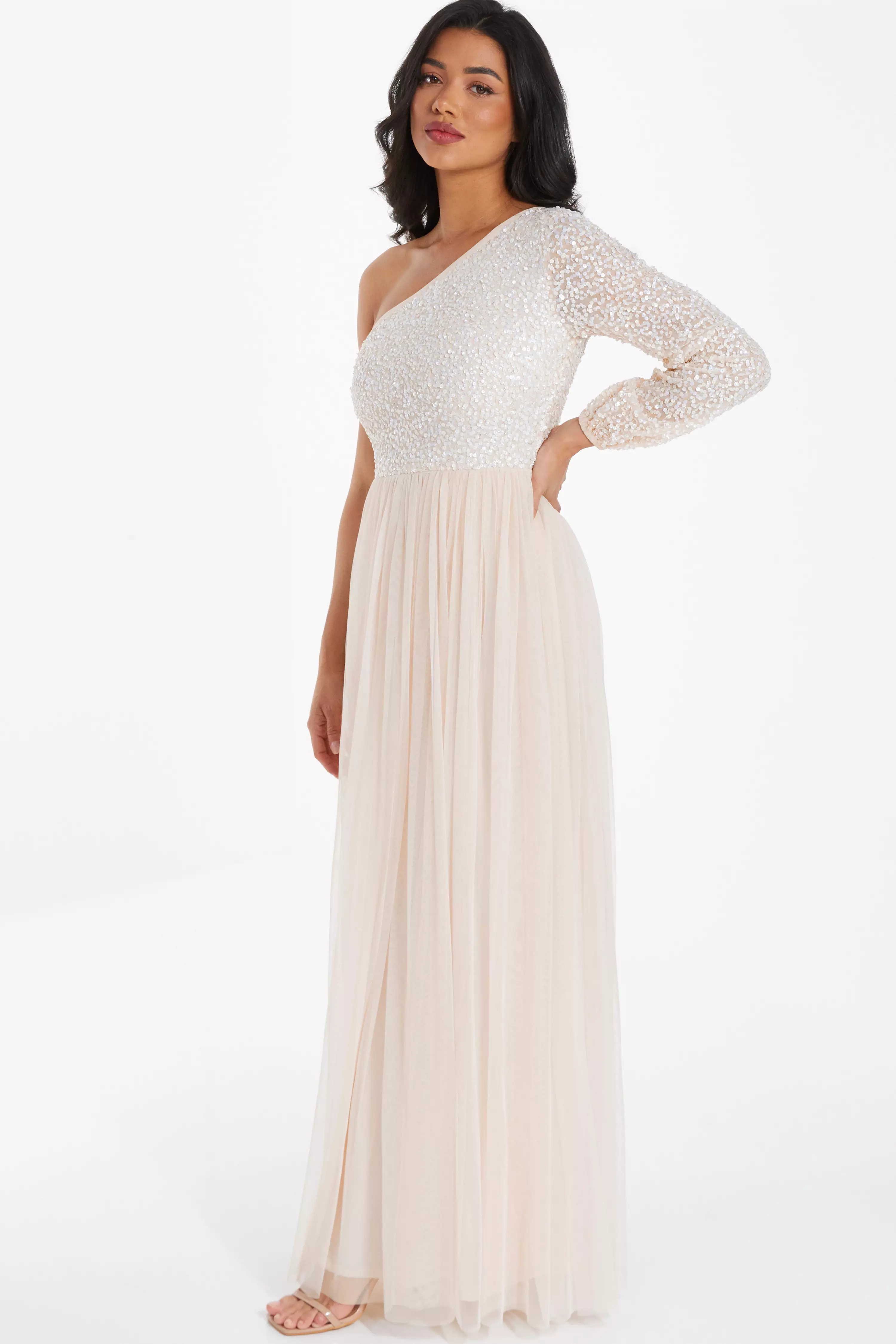 Champagne Sequin One Shoulder Maxi Dress