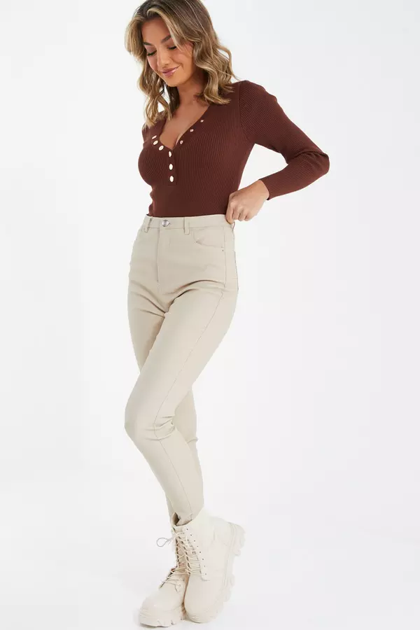 Brown Ribbed Button Long Sleeved Bodysuit