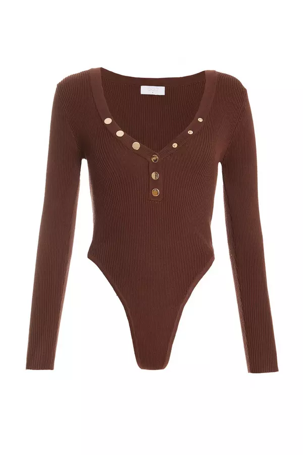 Brown Ribbed Button Long Sleeved Bodysuit