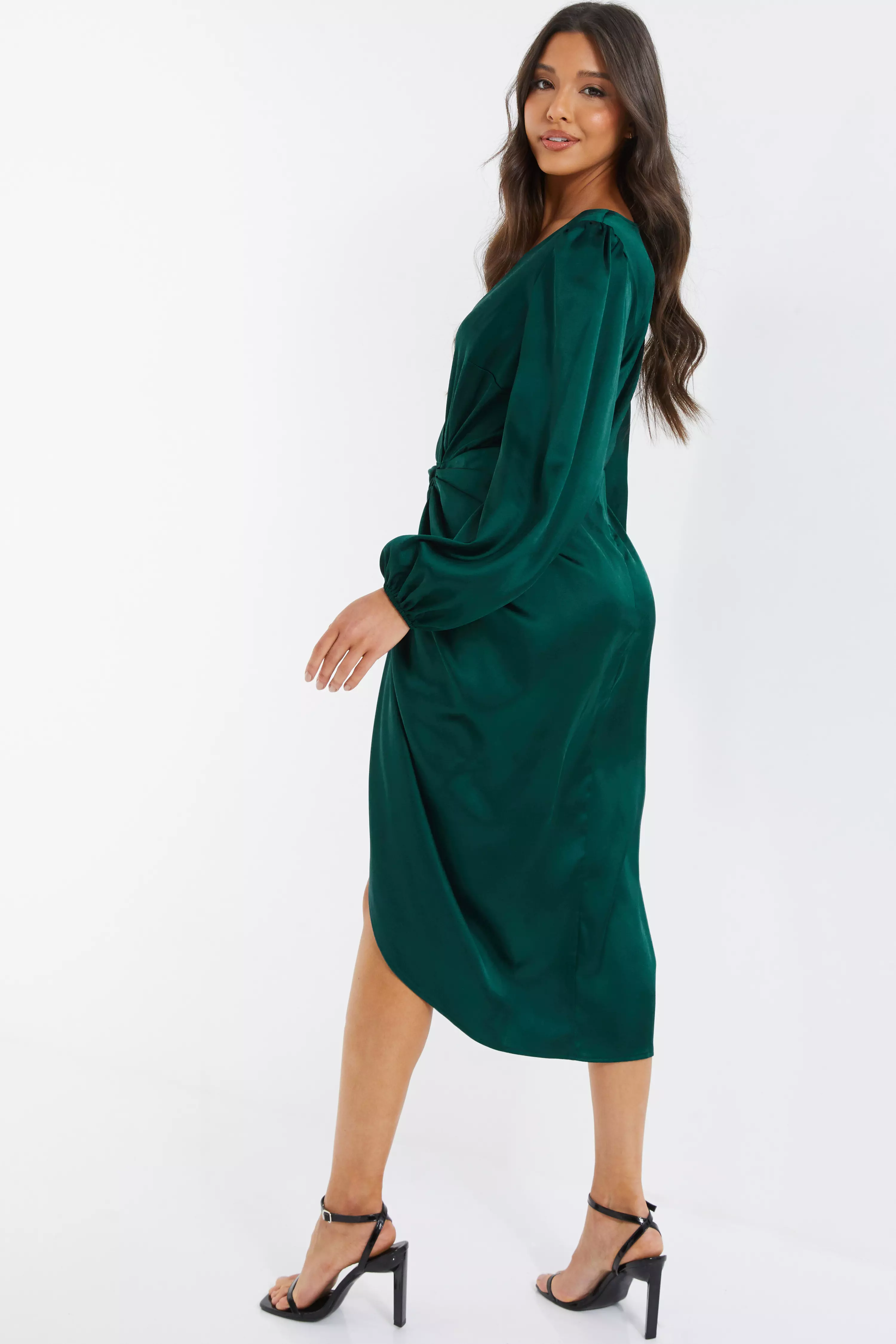 Bottle Green Satin Long Sleeve Ruched Midi Dress