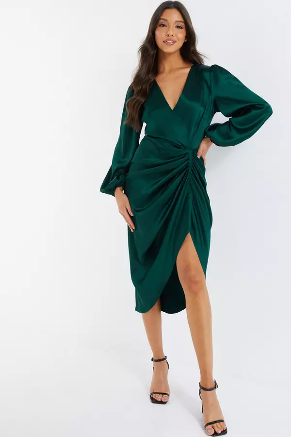 Bottle Green Satin Long Sleeve Ruched Midi Dress