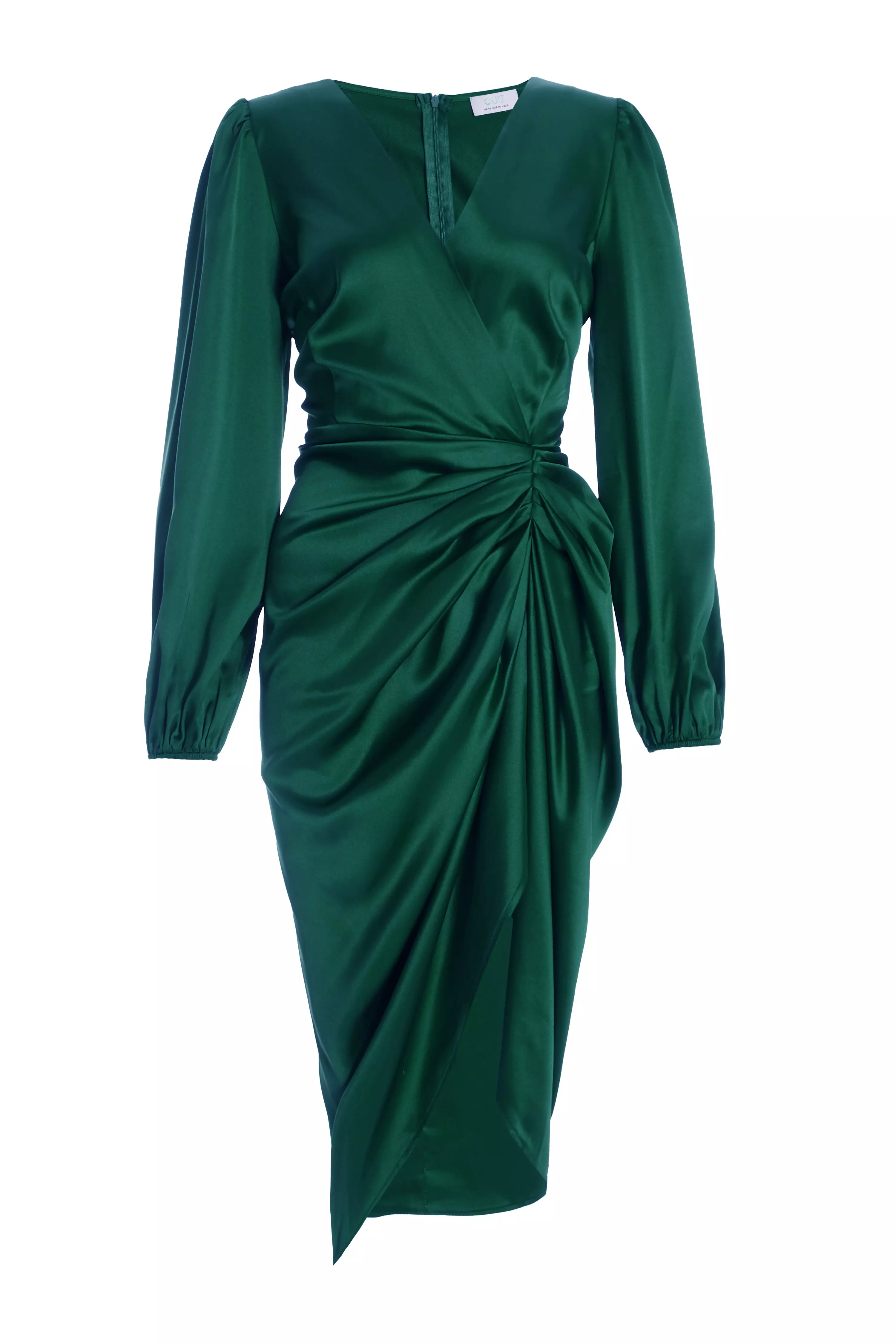 Bottle Green Satin Long Sleeve Ruched Midi Dress