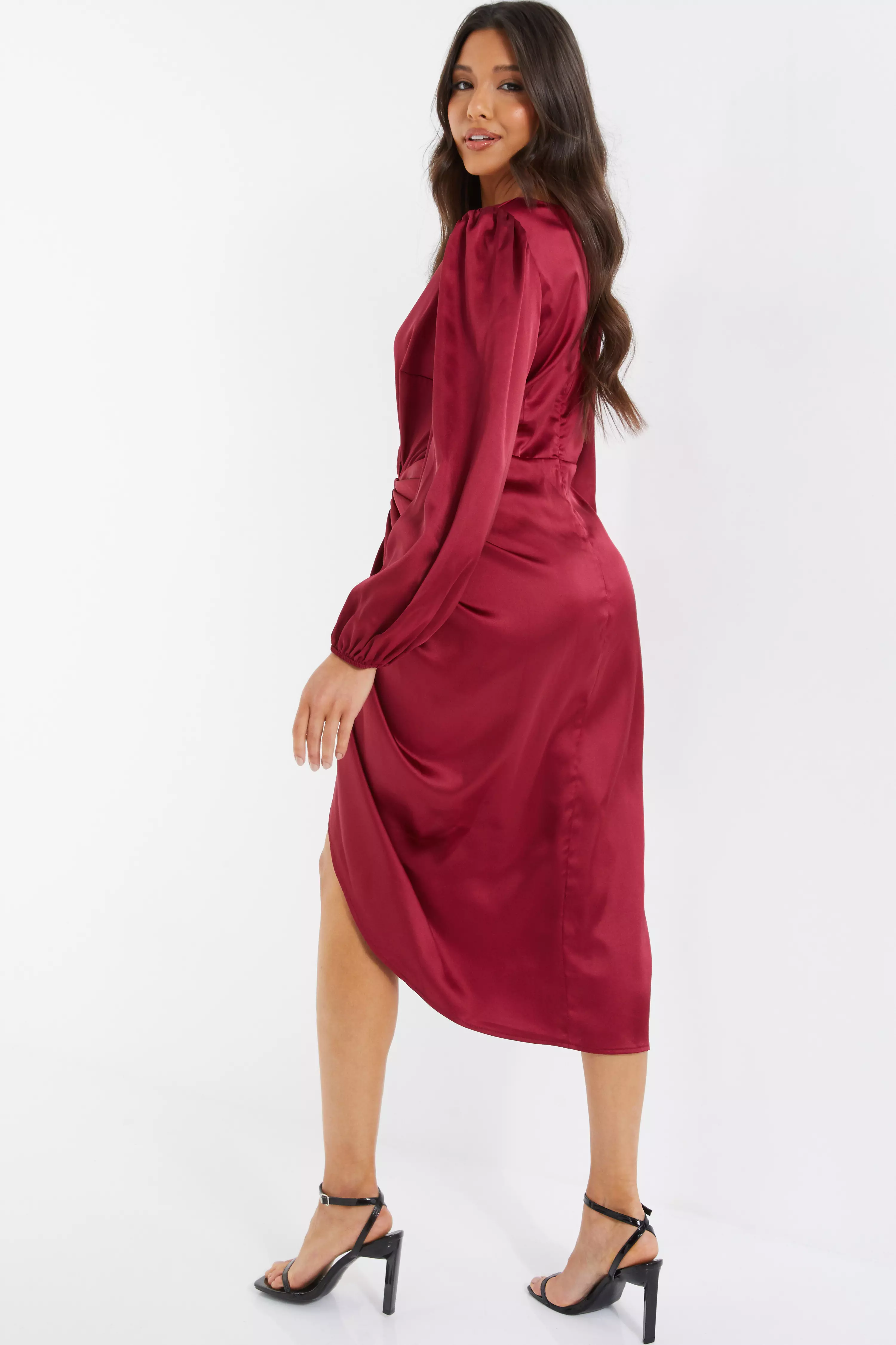 Berry Satin Long Sleeve Ruched Midi Dress