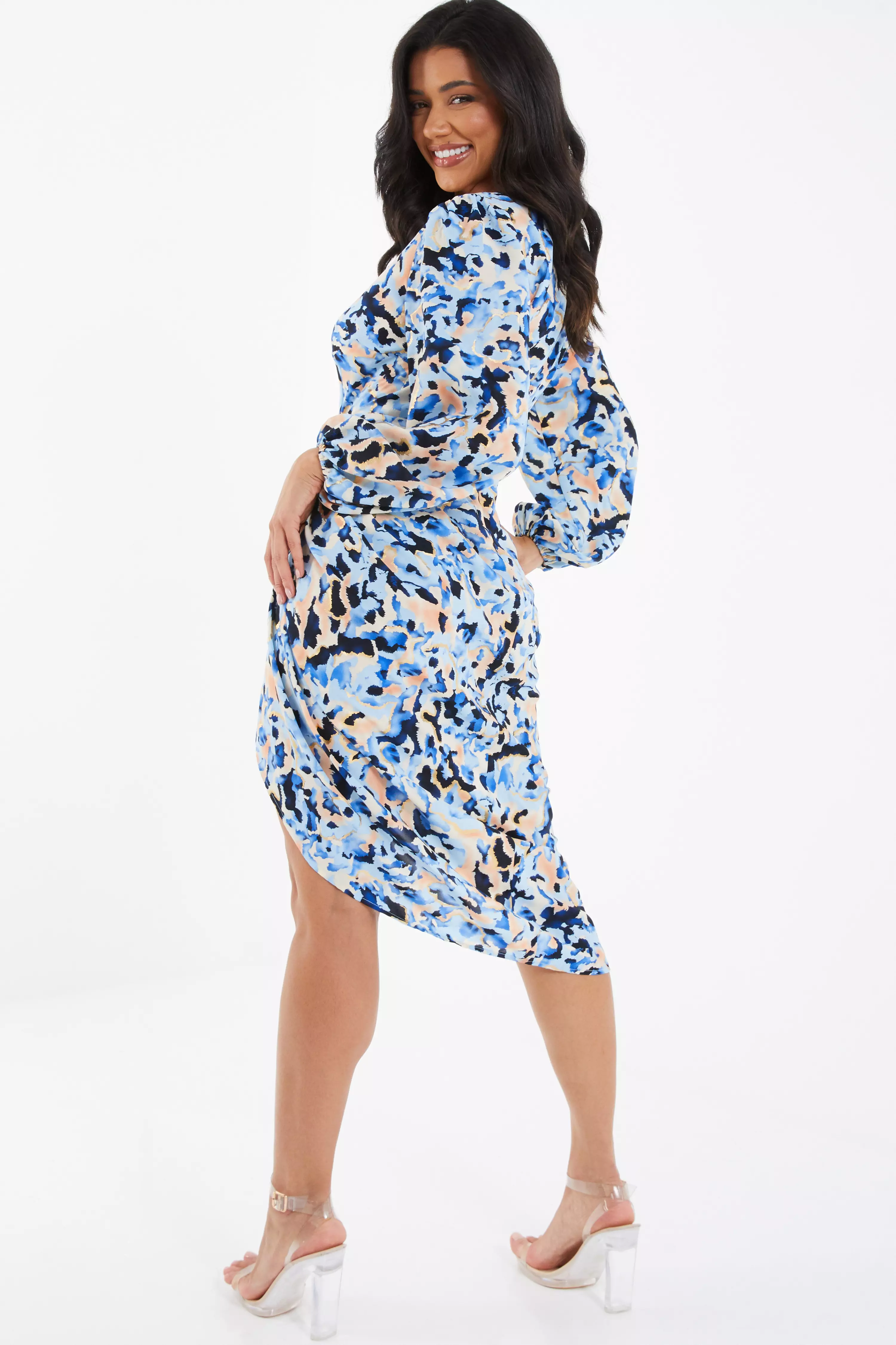 Blue Smudge Print Ruched Midi Dress