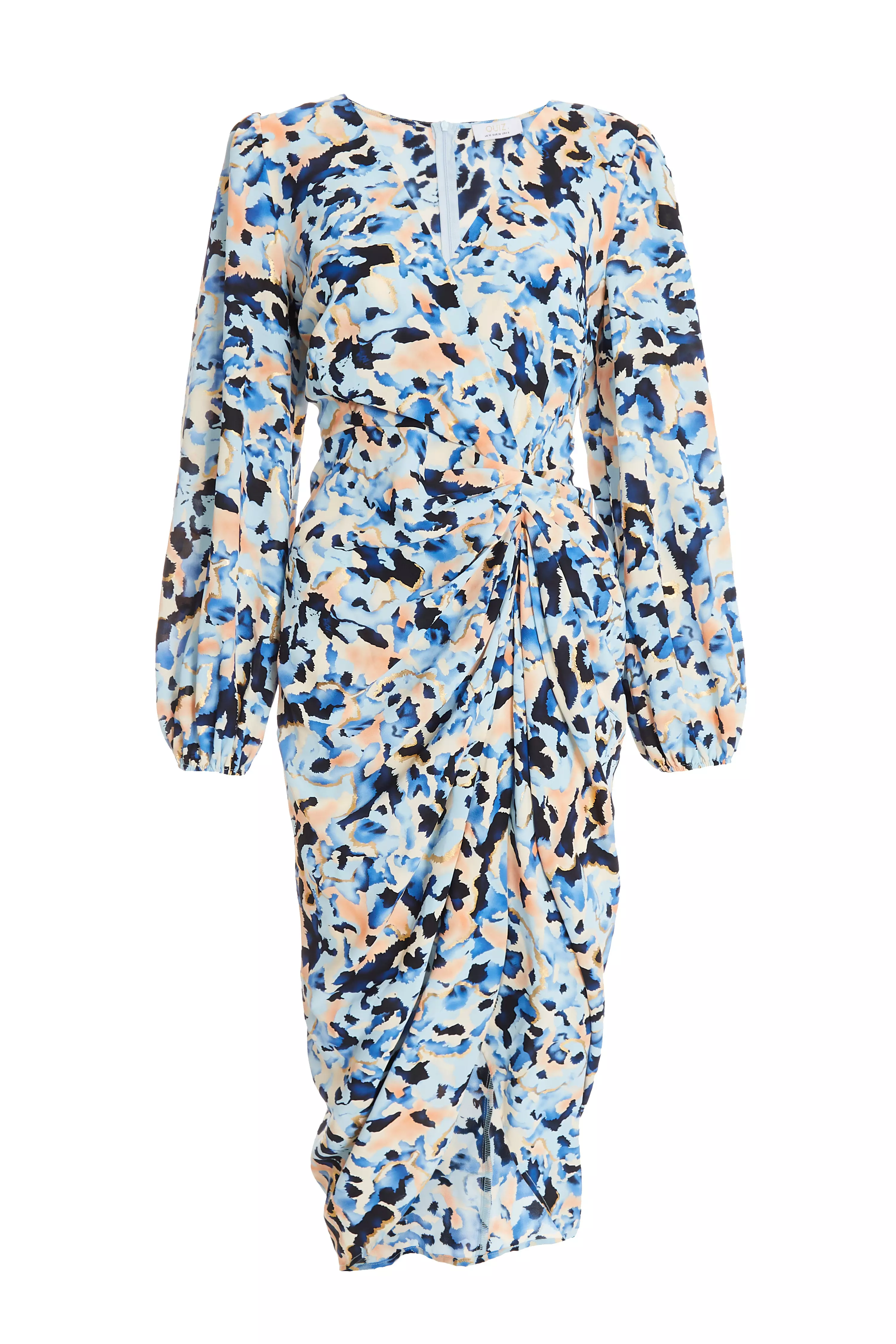 Blue Smudge Print Ruched Midi Dress