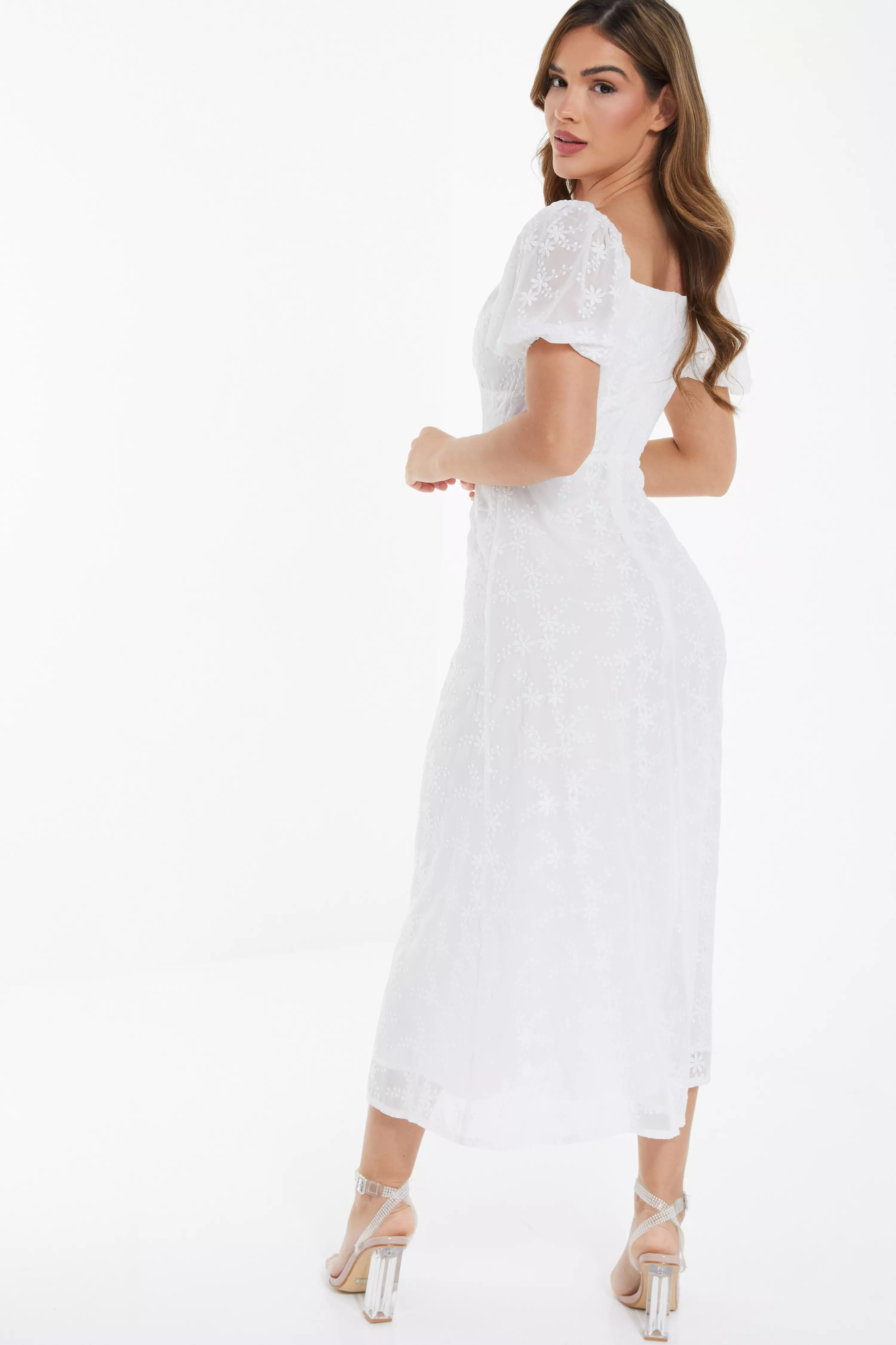 White Chiffon Floral Embroidered Midi Dress