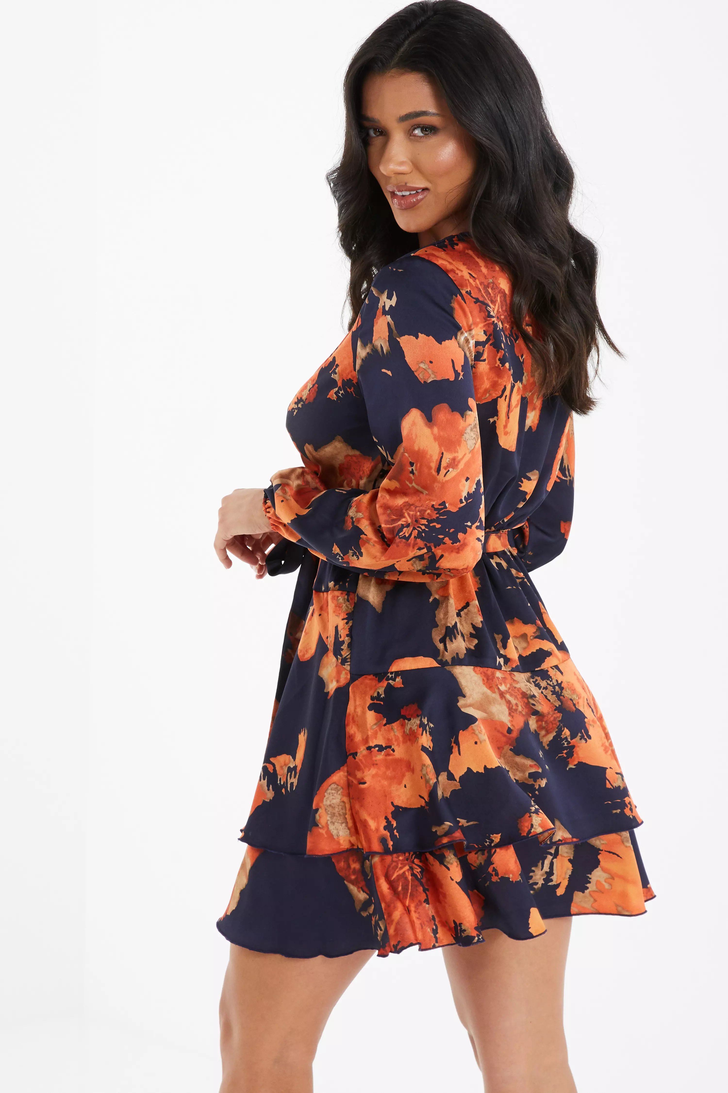 Orange Satin Floral Wrap Skater Dress