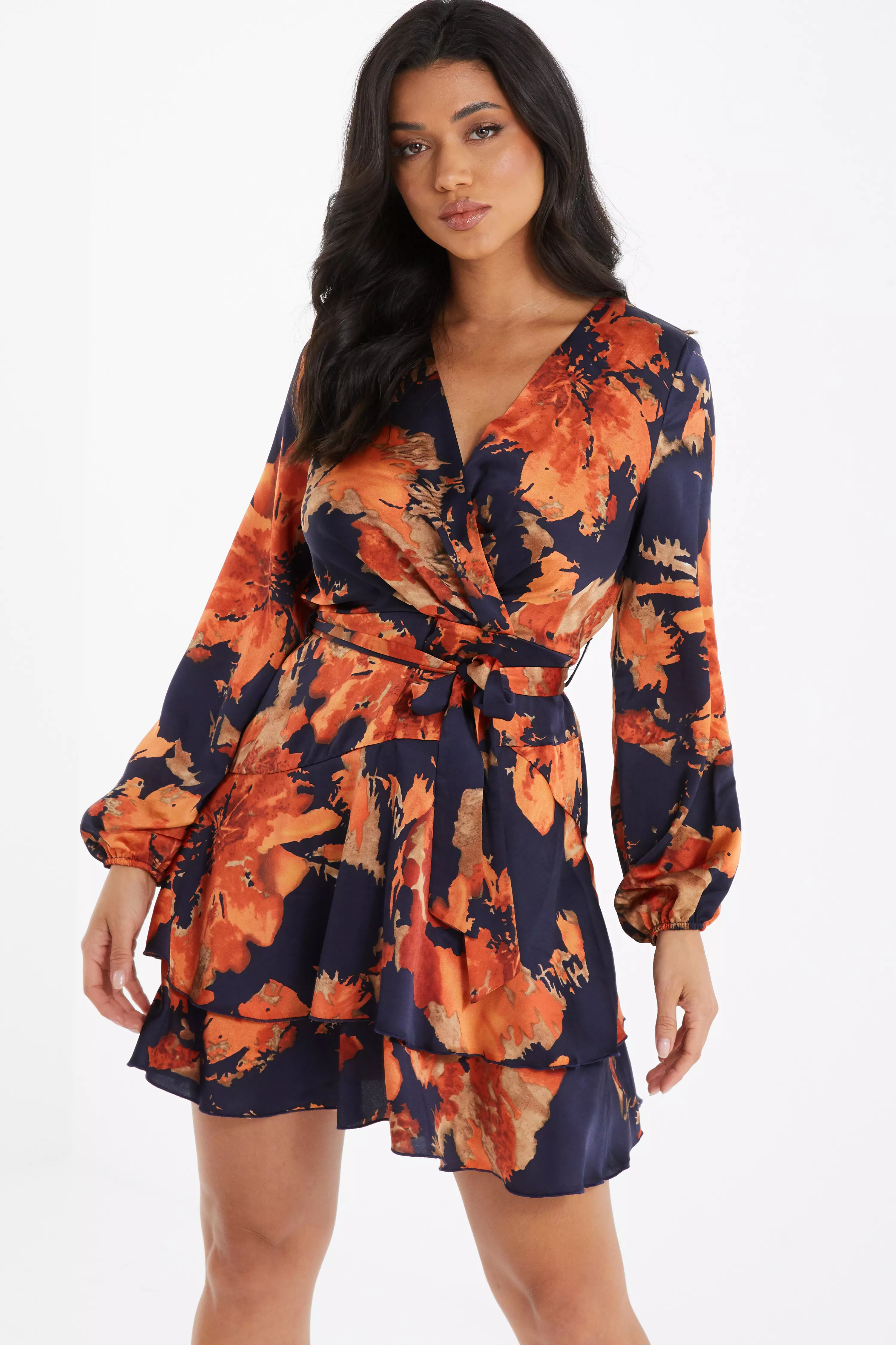 Orange Satin Floral Wrap Skater Dress