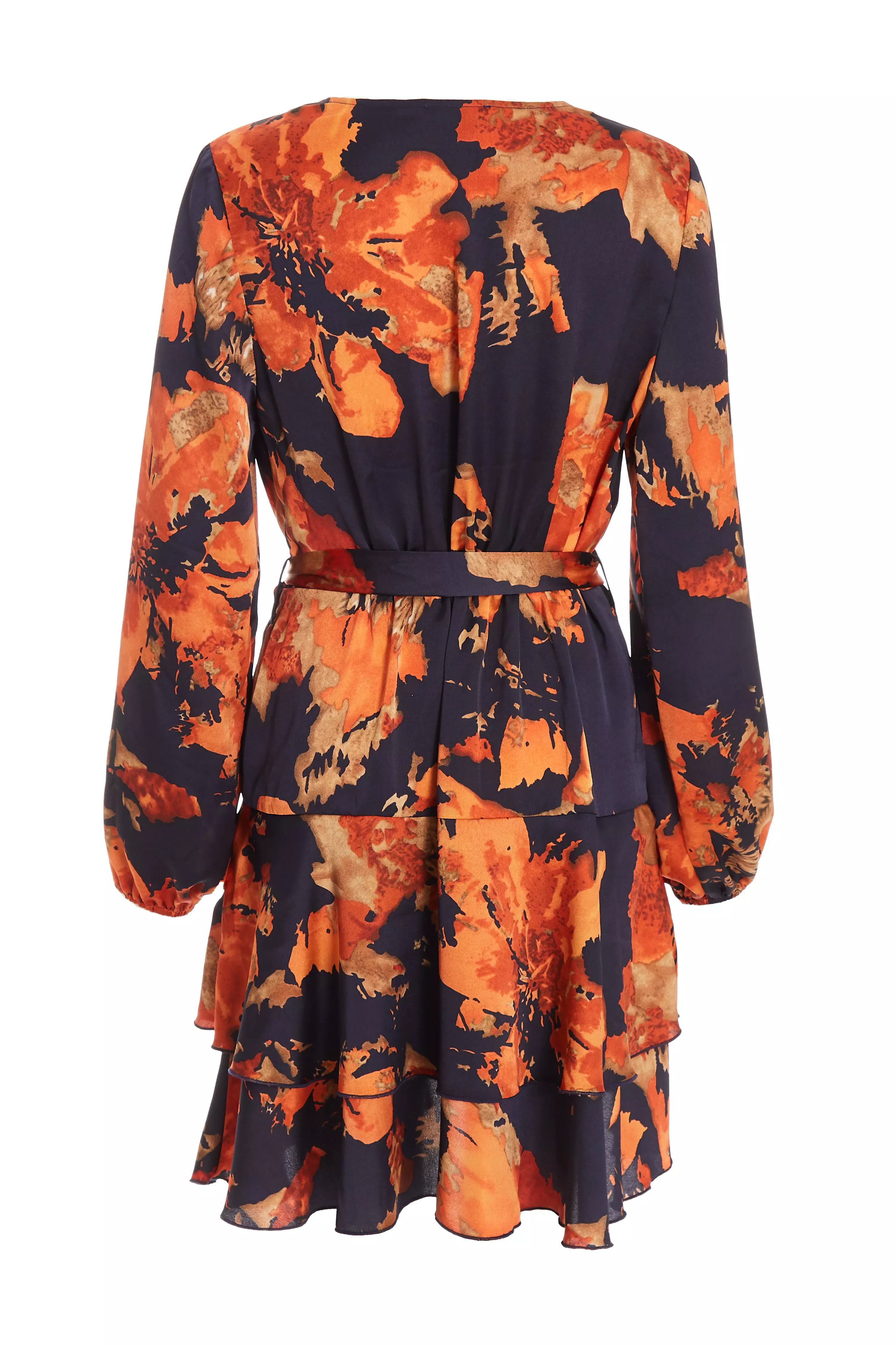 Orange Satin Floral Wrap Skater Dress