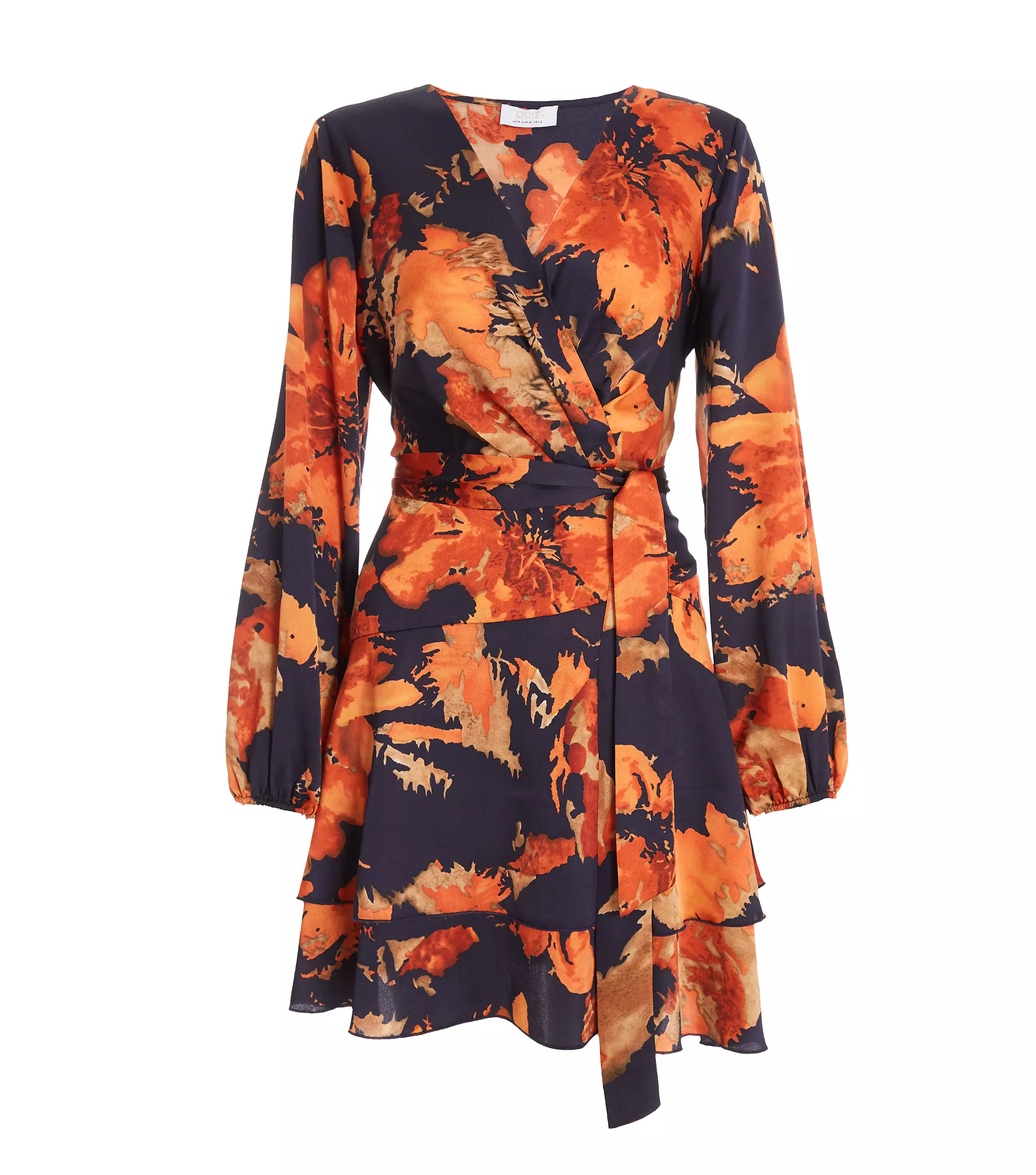 Orange Satin Floral Wrap Skater Dress