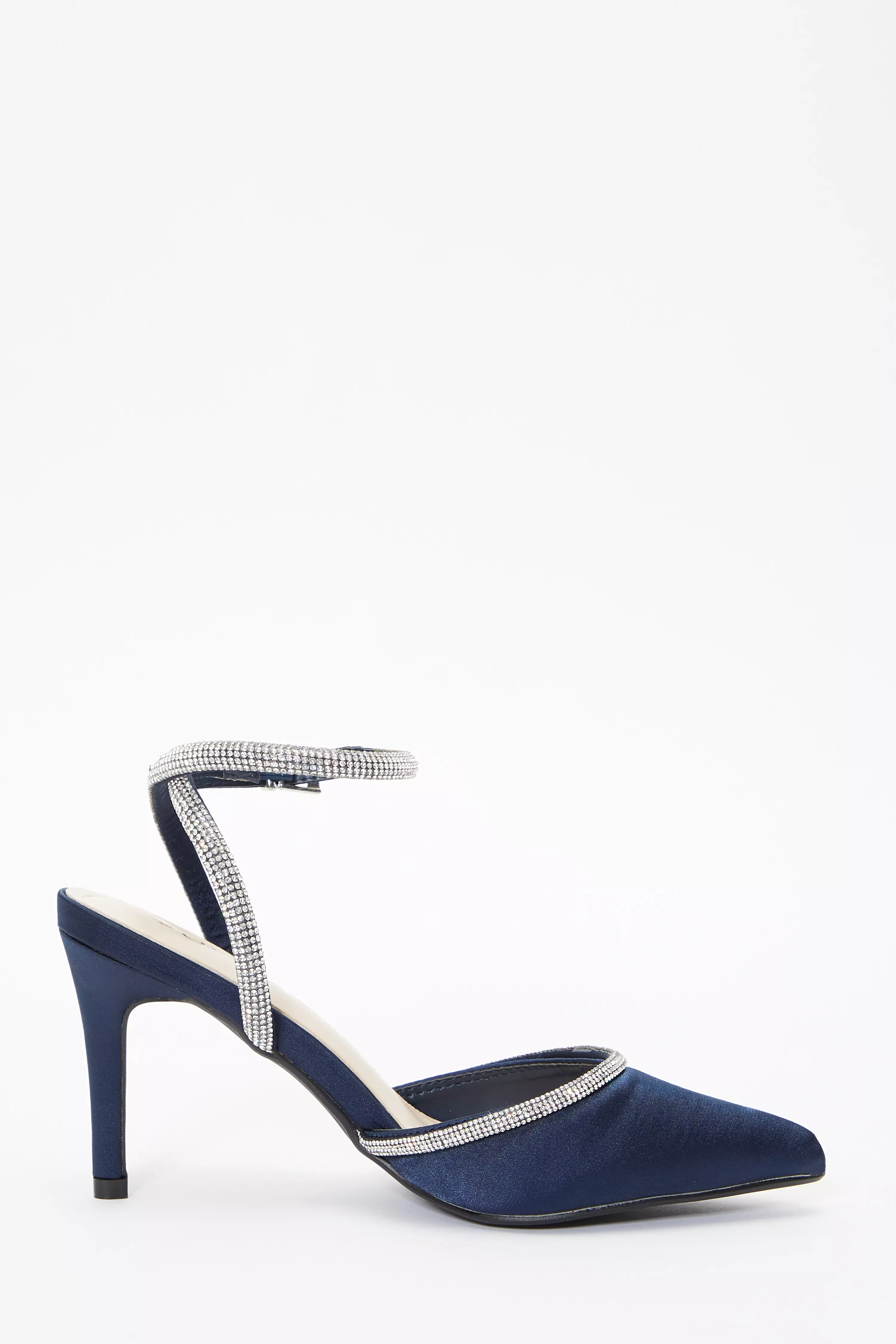 Navy satin outlet shoes with diamante