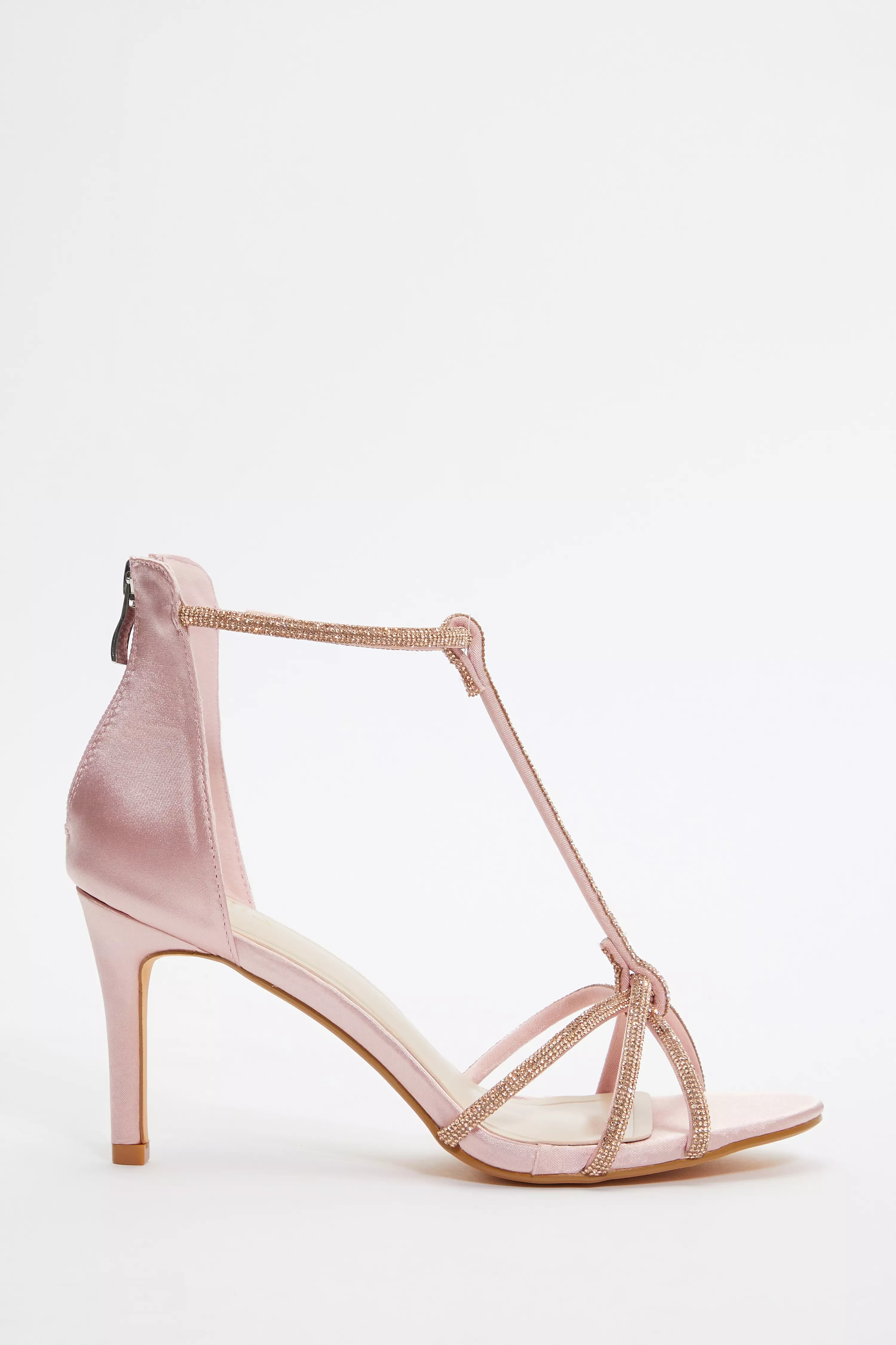 Pink Satin Diamante Cross Strap Heeled Sandals